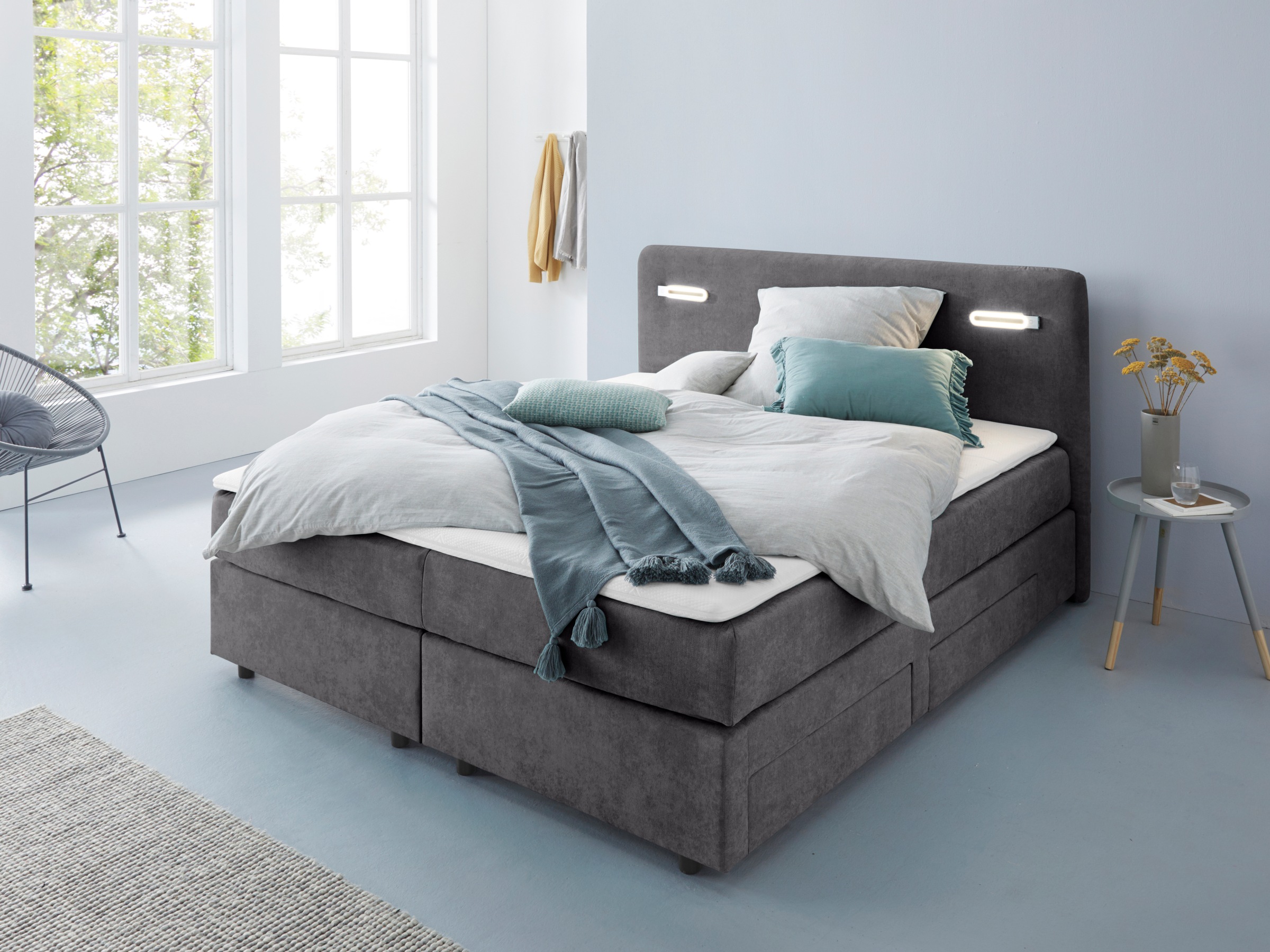 INOSIGN Boxbett »Luan«, Schubkästen, LED-Beleuchtung und Topper, in Breite 120 cm und 180 cm