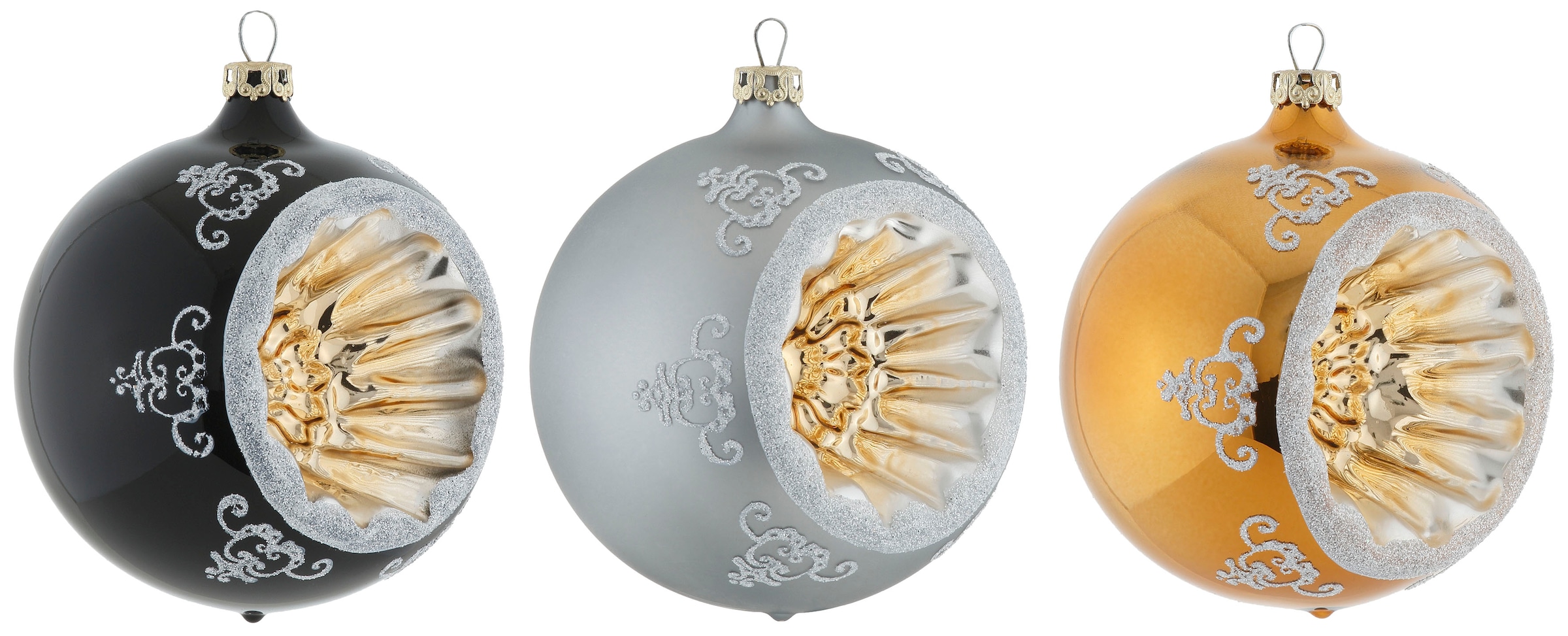 (Set, aus Refelexkugeln online »Black&White&Gold, Glasdesign 3 Christbaumschmuck«, hochwertige Thüringer Weihnachtsdeko, Weihnachtsbaumkugel bequem St.), kaufen Christbaumkugeln Glas,