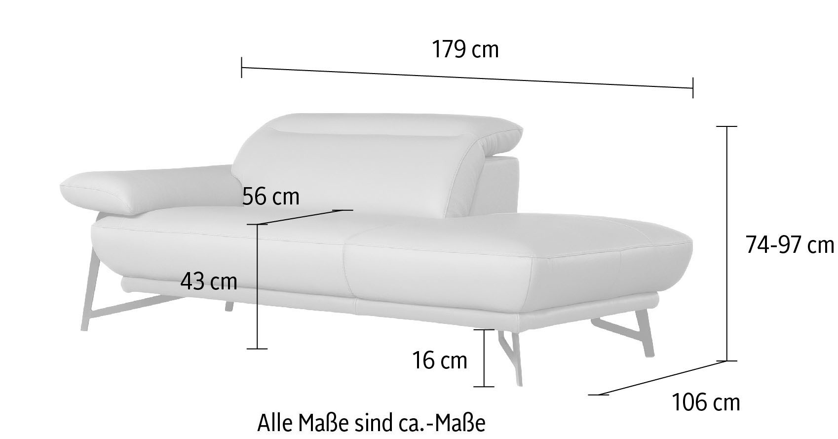 Egoitaliano Ottomane »Anais, erstklassiges Designsofa, Breite 179 cm, Fußfarbe chrom«, Kopfteil verstellbar, Leder CAREZZA, himmelblau