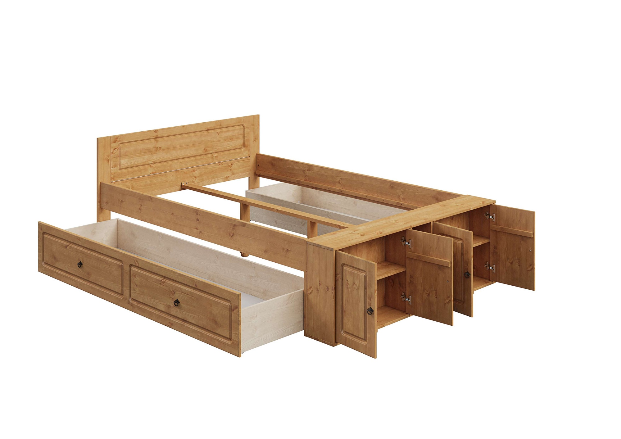 OTTO home Massivholzbett »Paula, mit Türen und Ablage, Schublade optional, Landhausstil« (B/T/H: 148,8/224,4/82 cm,  Massive Kiefer, extra viel Stauraum im Fußteil, FSC®-zertifiziert