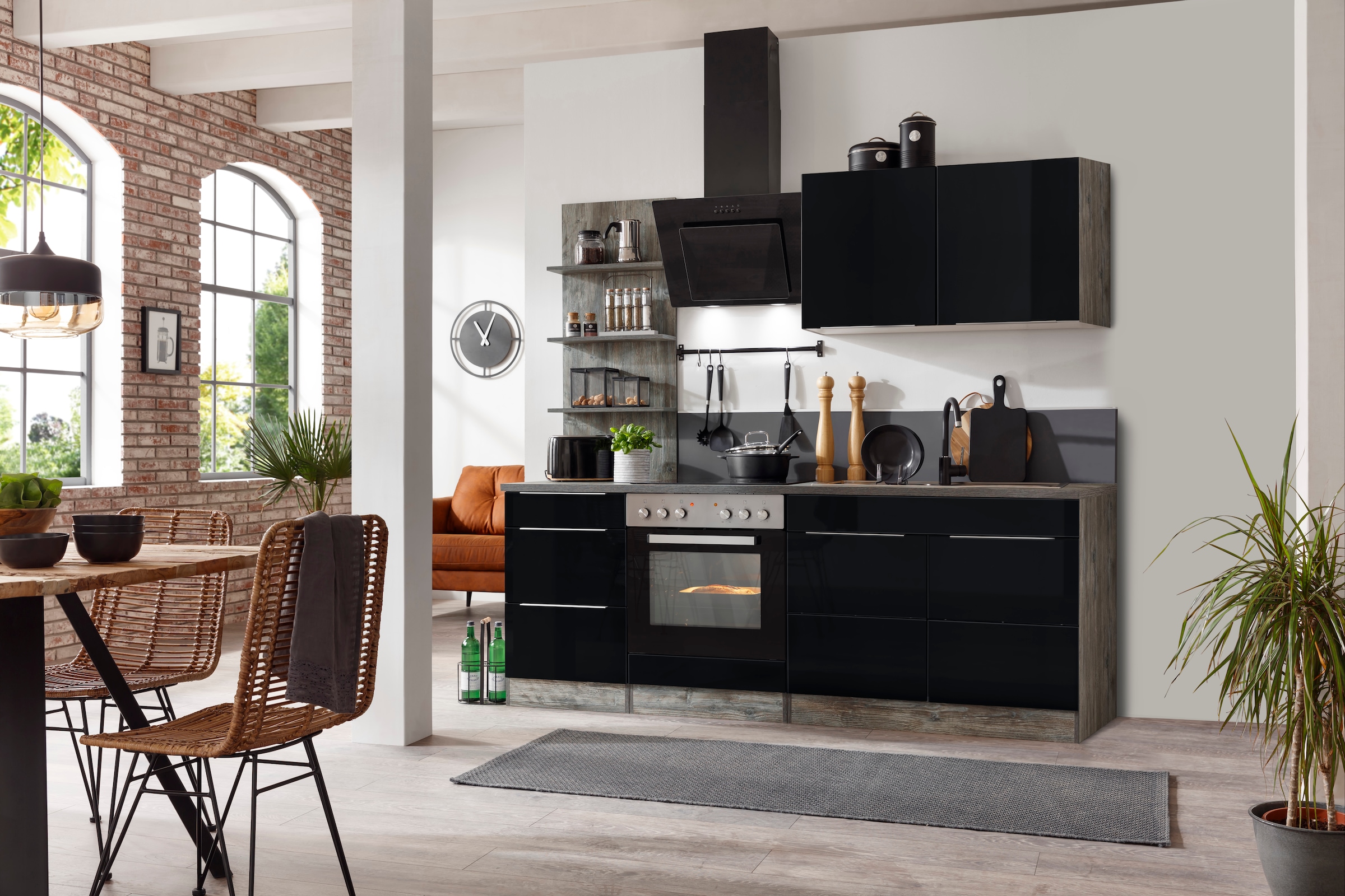 KOCHSTATION Küchenzeile »KS-Brindisi«, Breite 210 cm, wahlweise mit E-Geräten, mit MDF-Fronten und Regal