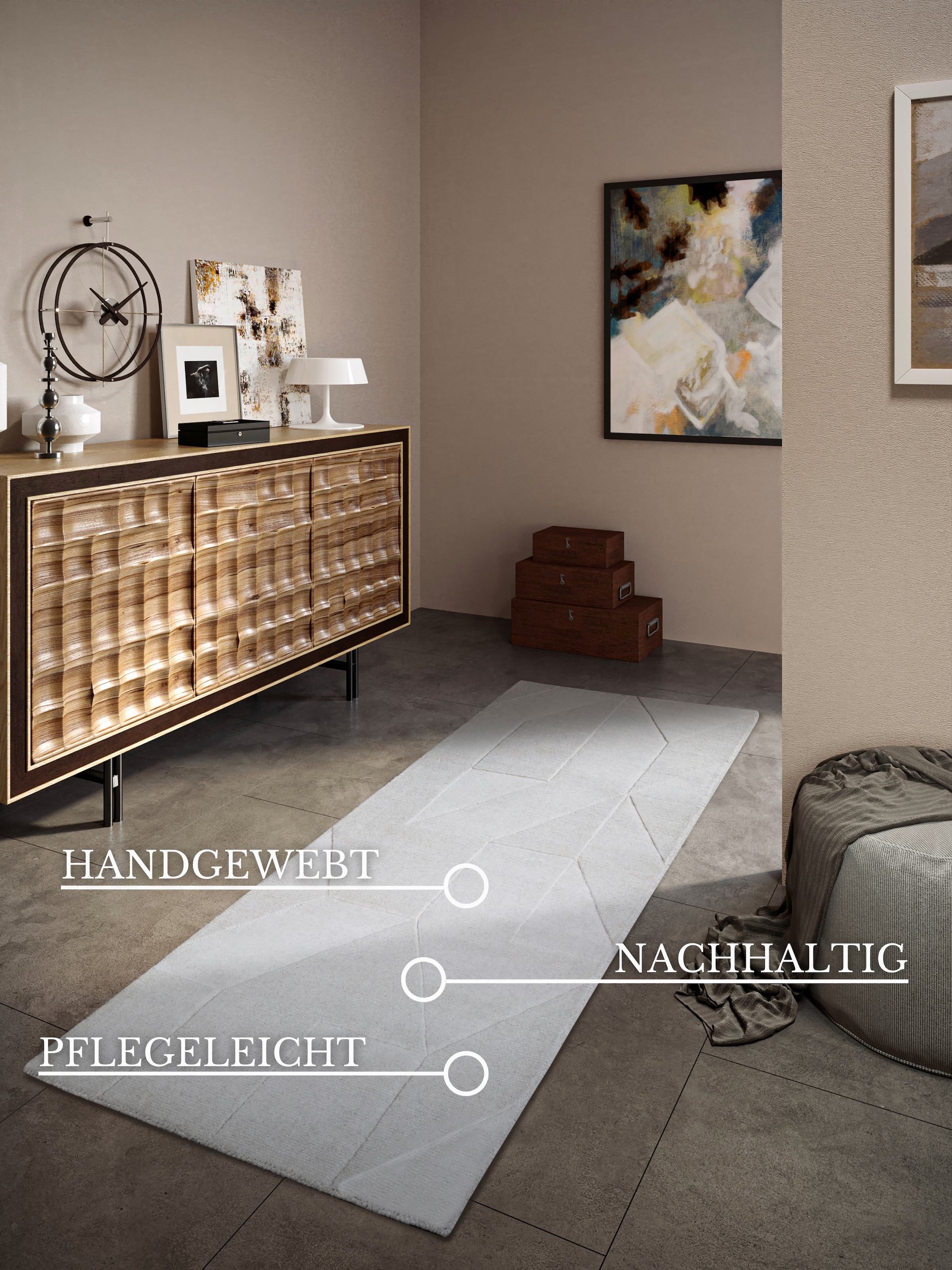 Villeroy & Boch Wollteppich »Ursule«, rechteckig, 10 mm Höhe, Läufer, handgewebt, Wolle, Natur, Wohnzimmer, Geometrie, Boho
