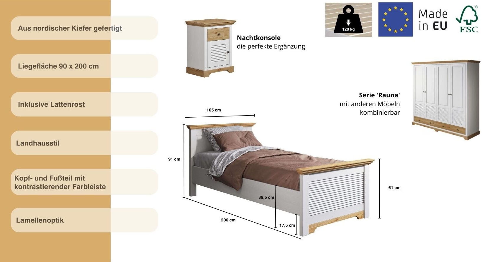 OTTO home Bett »Rauna, Landhausstil, edles Design mit Lamellen und Kassetten, 2 Farben« Breite/Belastbarkeit 180cm=220 KG, 90cm=120KG,  FSC® zertifiziertes Kieferholz, massive Qualität mit Lattenrost