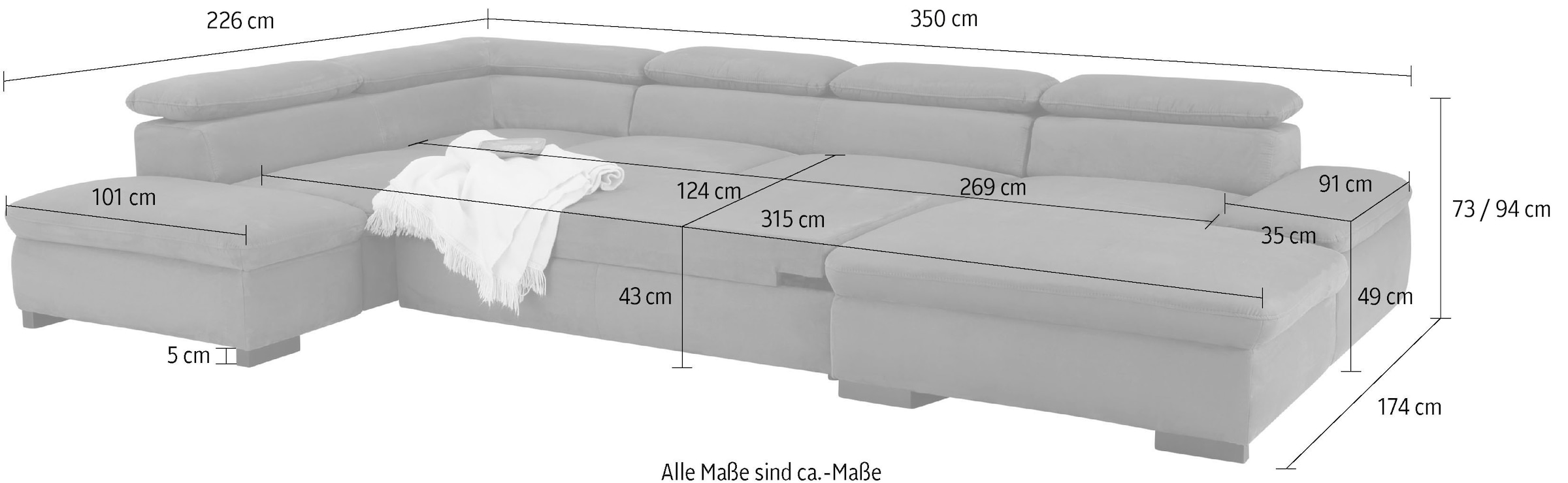 Home affaire Wohnlandschaft »Alberto U-Form«, mit Kopfteilverstellung, wahlweise mit Bettfunktion