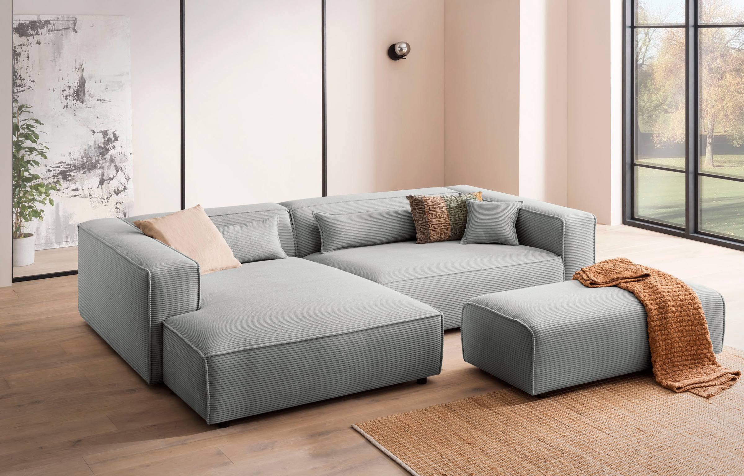 LeGer Home by Lena Gercke Polsterecke »PIARA XXL, L-Form mit Schlaffunktion, Big-Sofa in Cord o. Leinenoptik«, Hocker stellbar zum Schlafsofa (Krokodilverbinder), tiefe Sitzfläche