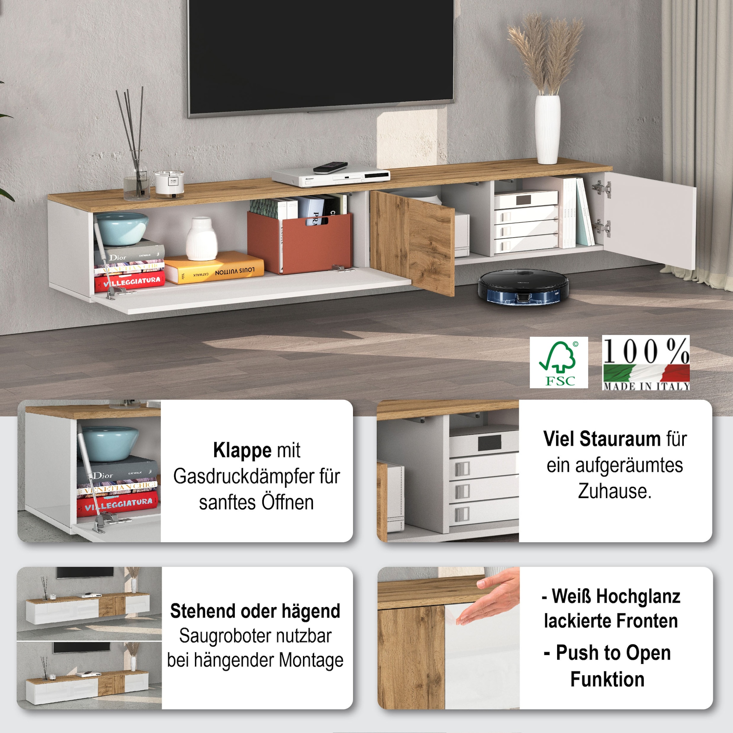 OTTO home Lowboard »ISEO, TV-Kommode,TV-Möbel,TV-Bank, 3 Fächer, Breite 200 cm« 1 Stk. tlg. stehend/hängend, 1 Klappe, 2 Türen Hochglanz lackiert, Made in Italy
