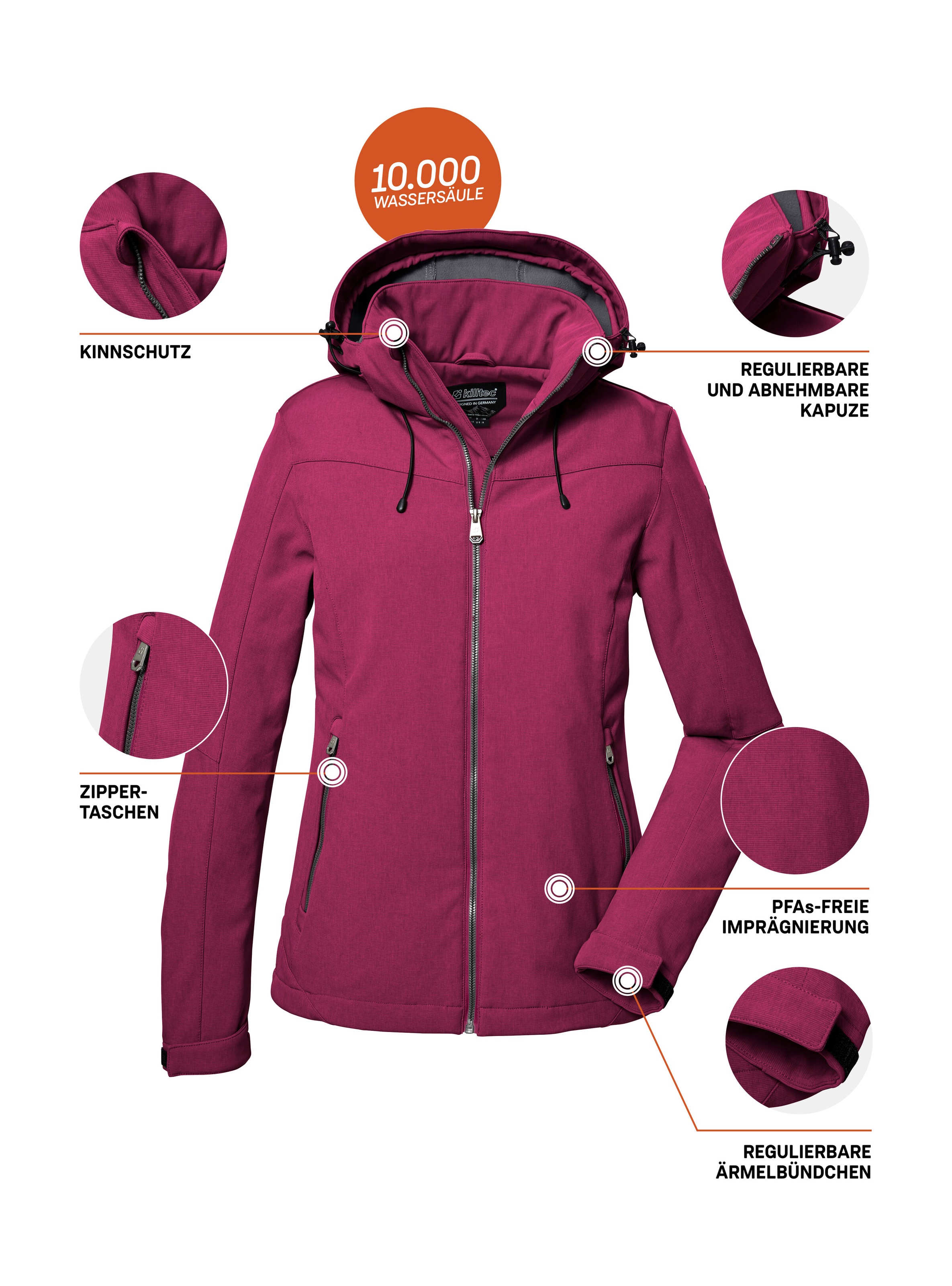 Killtec Softshelljacke »Damen Softshelljacke«, Wasserabweisende, winddichte Softshelljacke mit abnehmbarer Kapuze