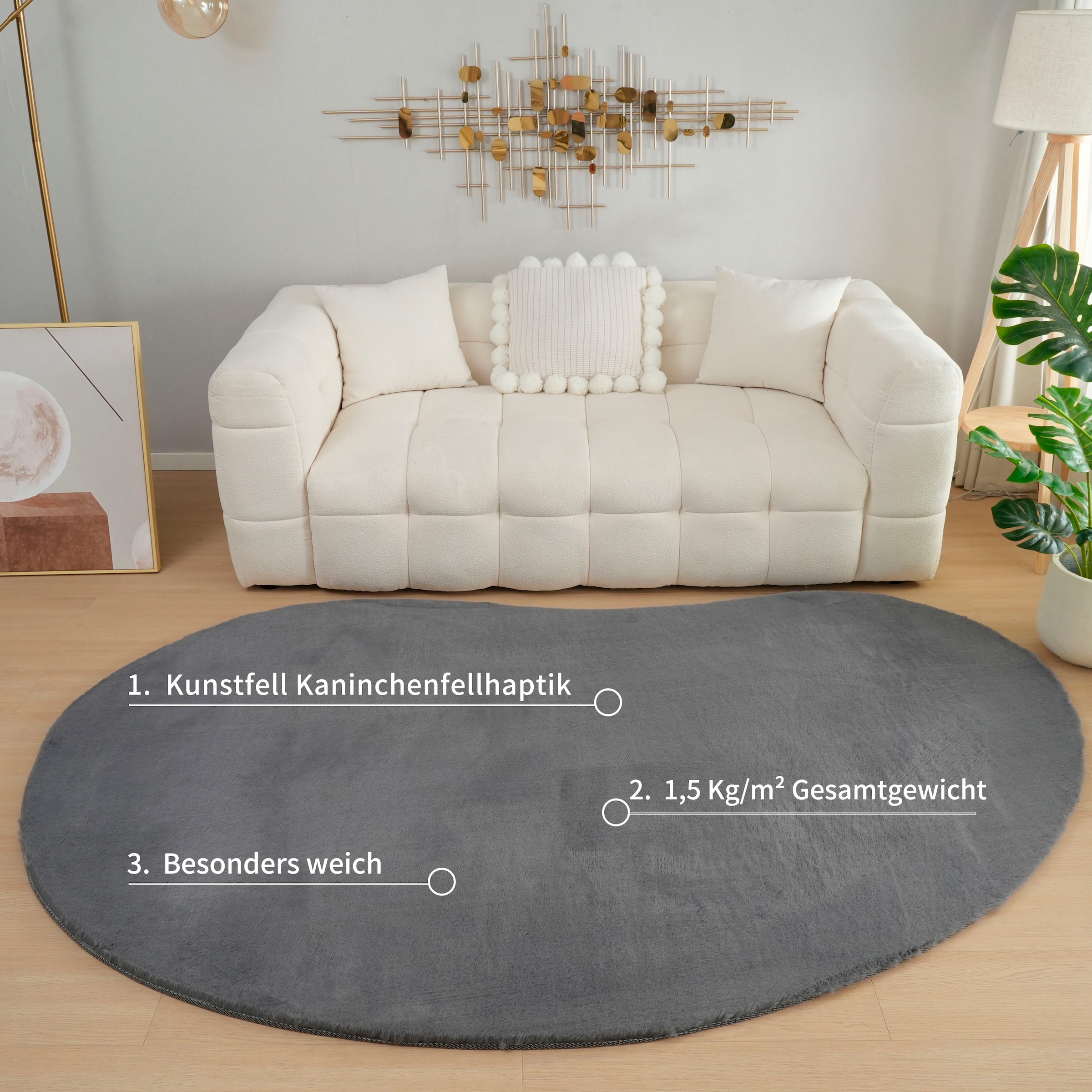 Bruno Banani Hochflor-Teppich »Rabbit 2 Bean, Kunstfell Teppich, Modern, besondere Form«, U-förmig, 25 mm Höhe, Kaninchenfell-Haptik, Microfaser, Wohnzimmer, Schlafzimmer, Esszimmer