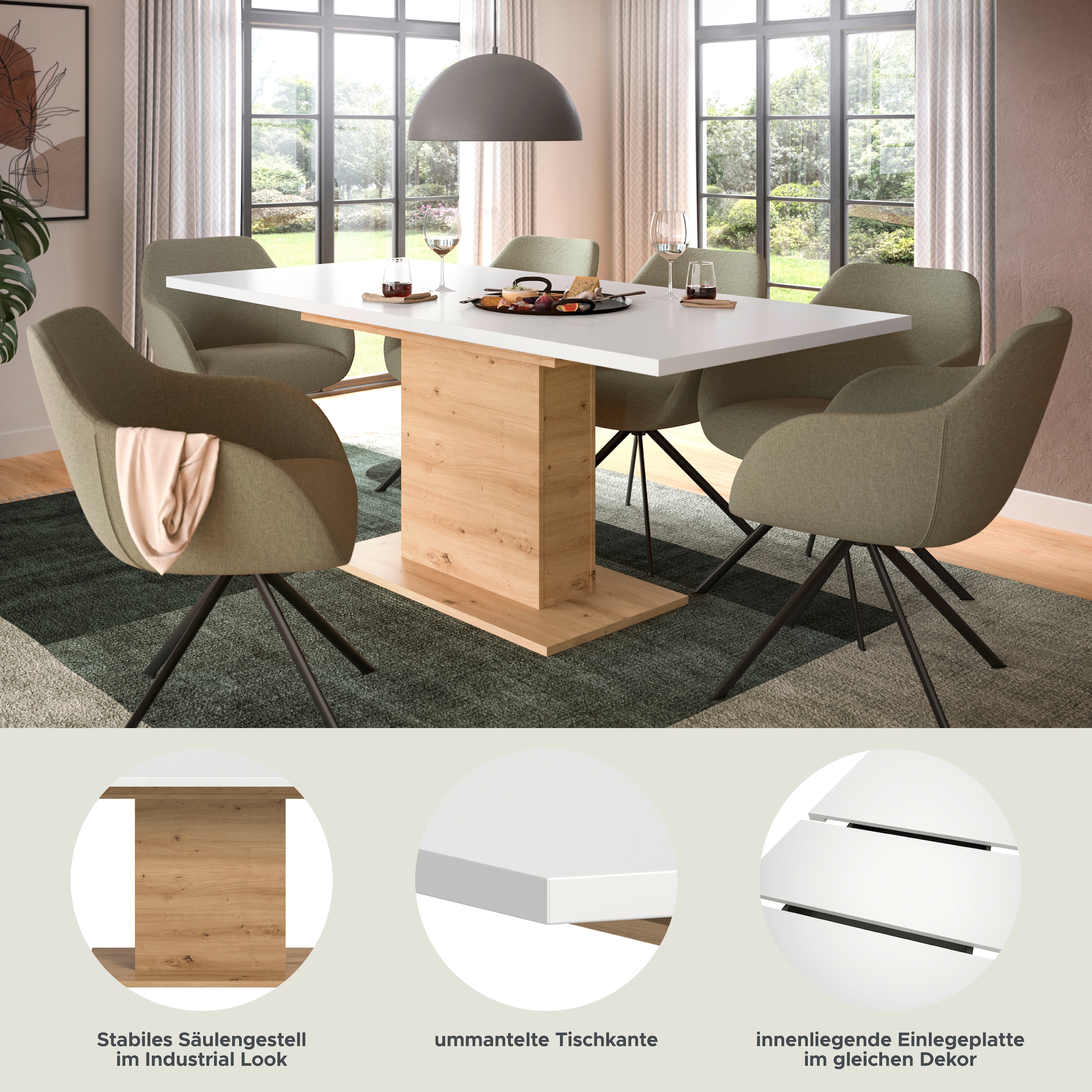 INOSIGN Esstisch »Motus, ausziehbar 150 -190 cm, inklusive 40 cm Einlegeplatte«, (Set, 1 St.), Säulengestell mit Bodenplatte, Tisch, Küchentisch, Esszimmer, Küche