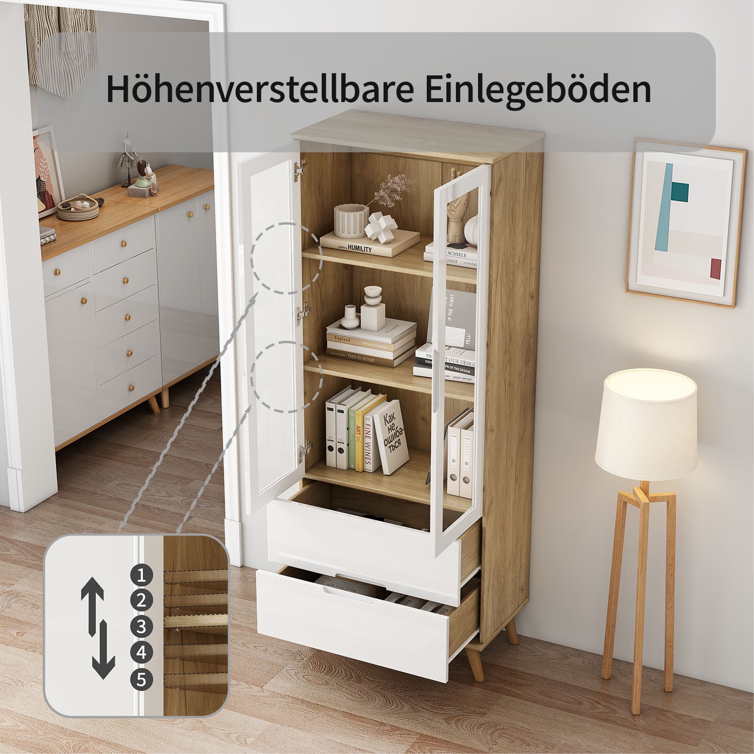 OTTO home Highboard »Lund« mit glänzenden Fronten, Glastüren, helles Holzdekor, Breite 70 cm