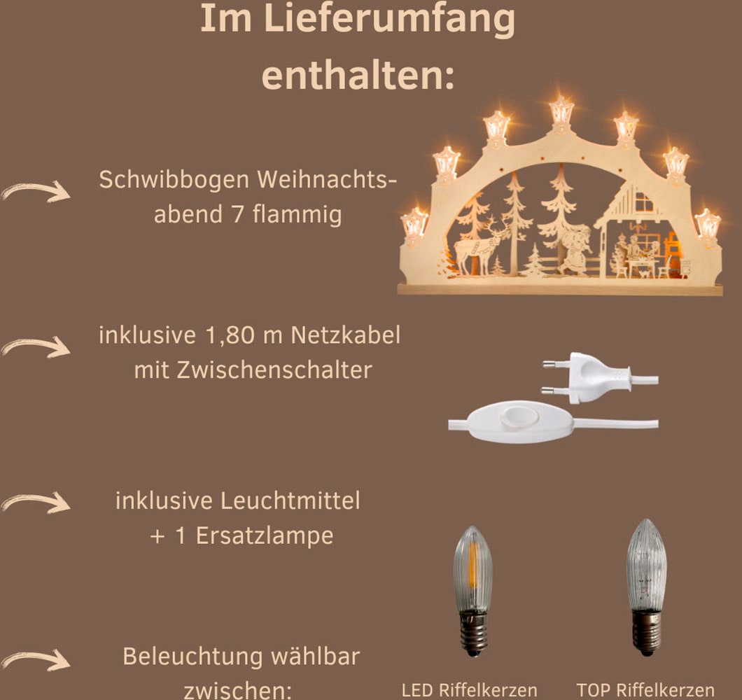 Weigla Schwibbogen »Weihnachtsabend, Lichterbogen aus Holz, NATUR, Made in Germany« 1 Stk. Erzgebirge garantiert, Weihnachtsdeko Innen, Weihnachtsbeleuchtung