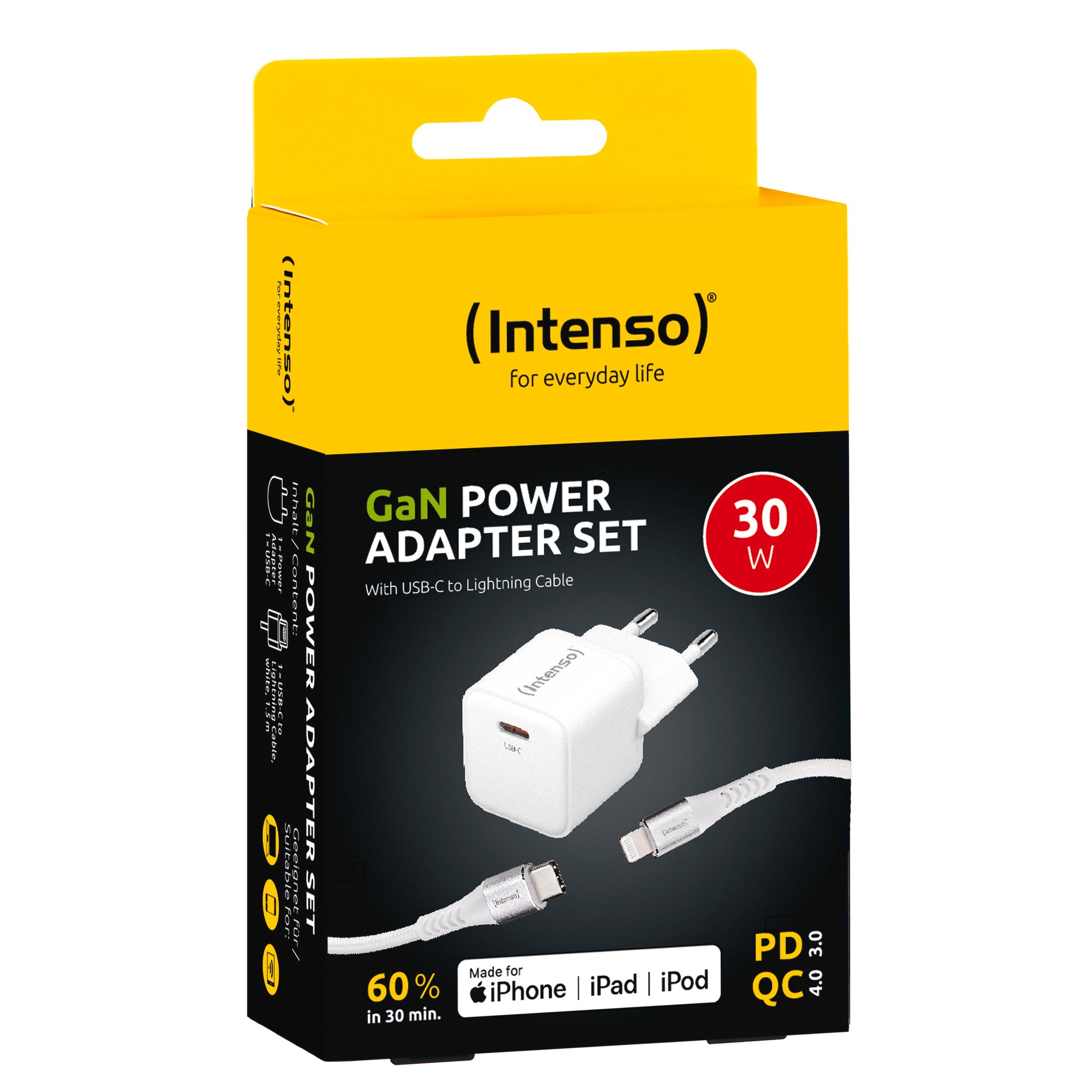 Intenso USB-Ladegerät »GaN Power Adapter Set, 30W USB-C mit USB-C zu Lightning-Kabel«