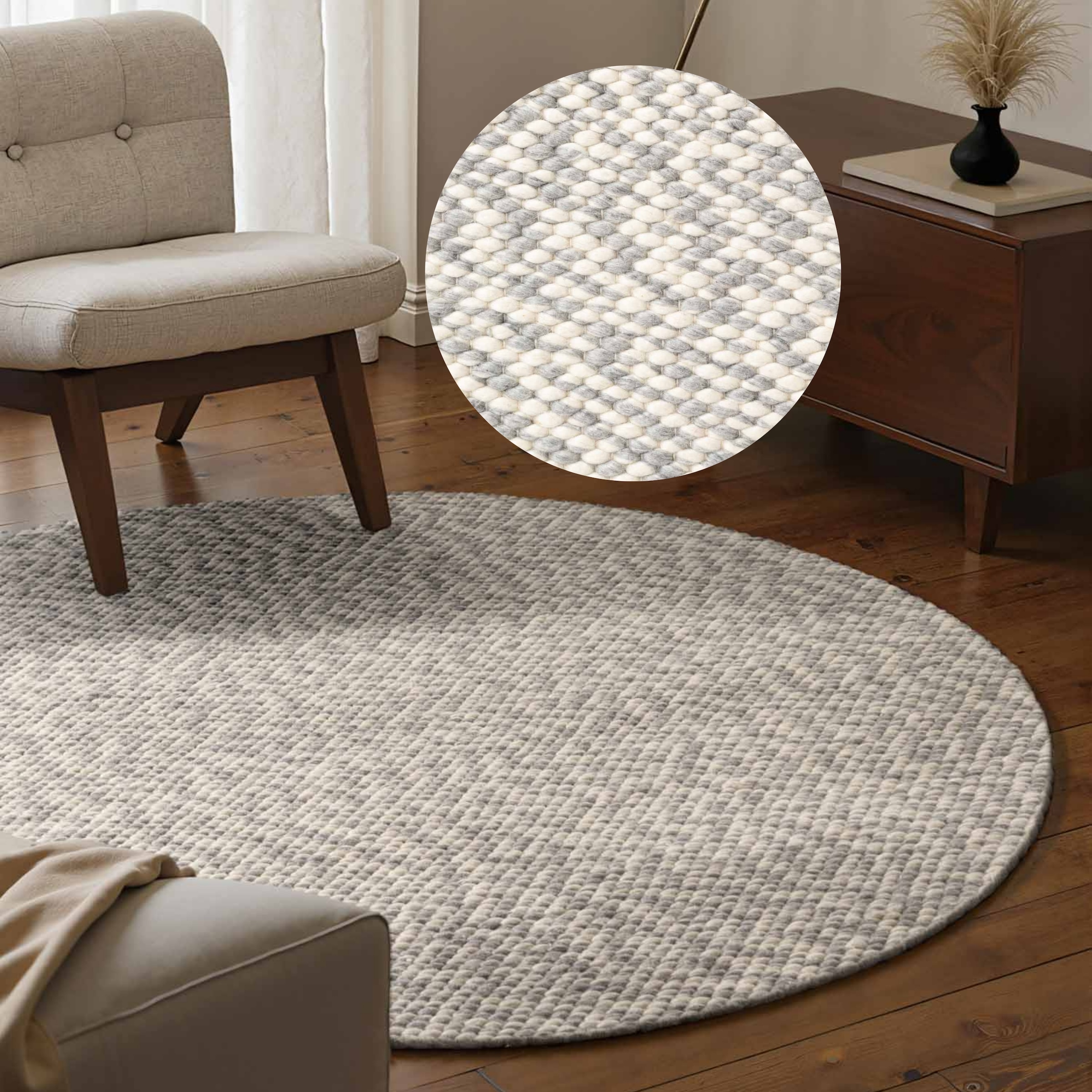 ELLE DECORATION Wollteppich »Beans« rund 10 mm Höhe Handweb Teppich Wolle, Rund, Perlenstruktur, Wohnzimmer, Schlafzimmer