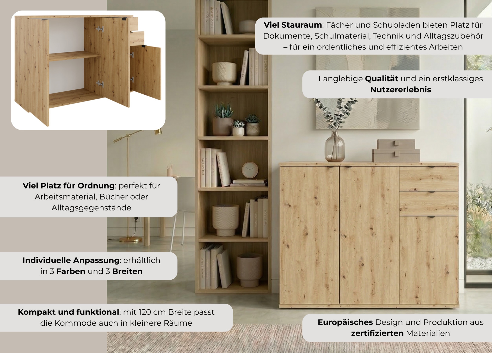 Home affaire Kommode »THALIANA Sideboard mit 3 Türen und 2 Schubladen, Breite 120 cm« Schrank in 3 Farben erhältlich, schwarze Metallgriffe, viel Stauraum