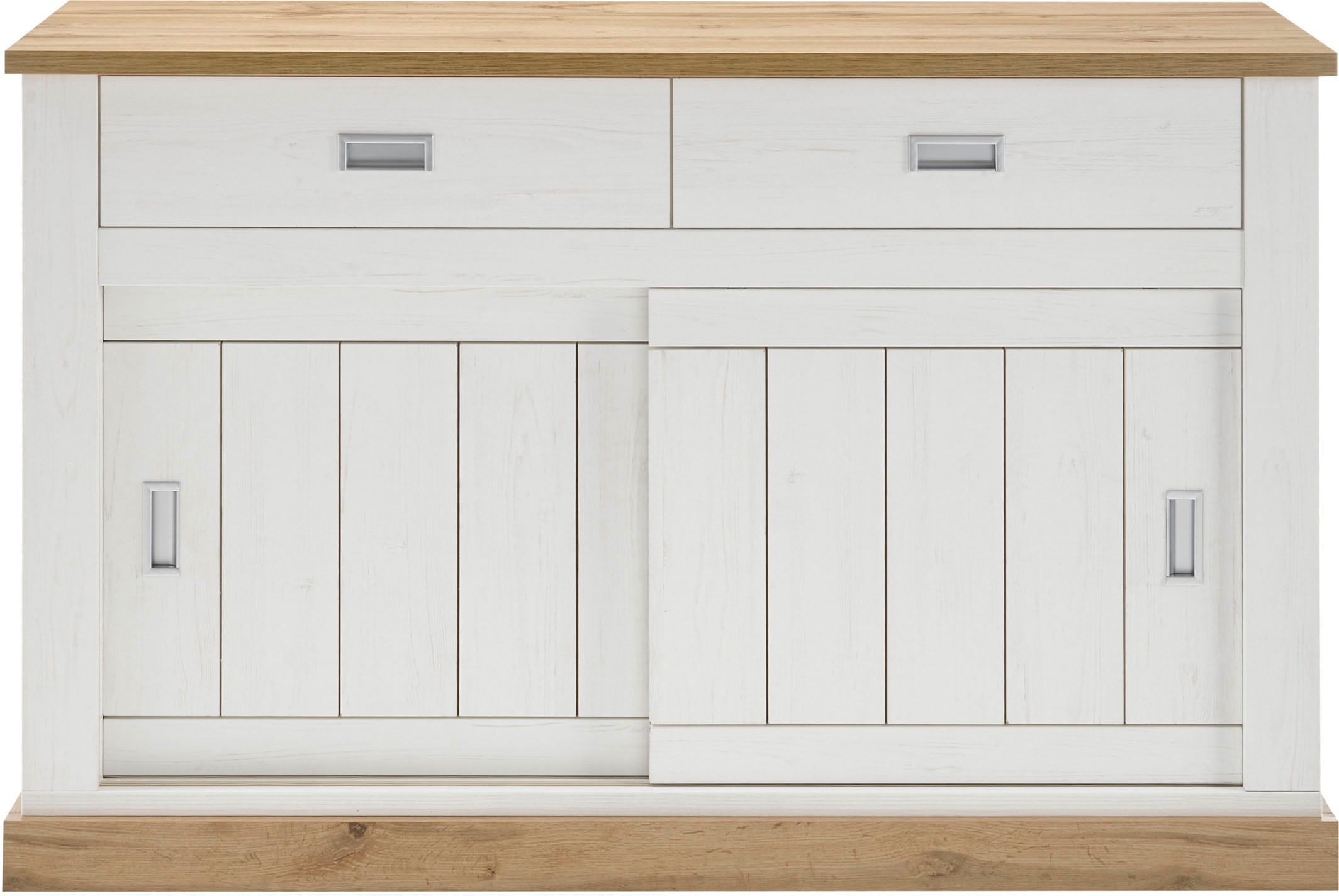 Home affaire Sideboard »Orlando, moderner Schrank, Kommode im Landhausstil«, 2 Schiebetüren & 3 Schubladen, silberne Griffmulden, 150 cm breit