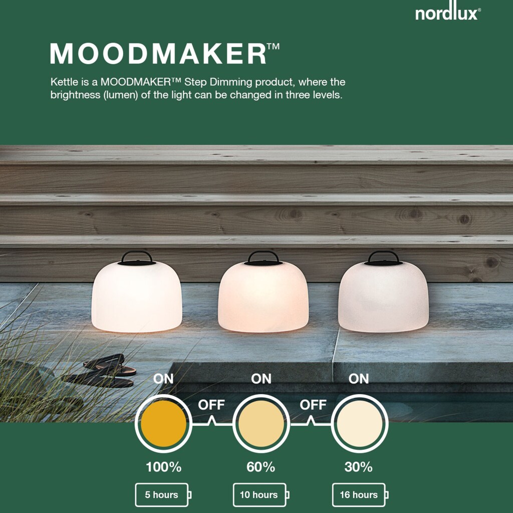 Nordlux LED Stehlampe »Kettle«, 1 flammig-flammig, inkl. LED, Batterie, integrierter Dimmer, Außen und Innen, Eichen Fuß