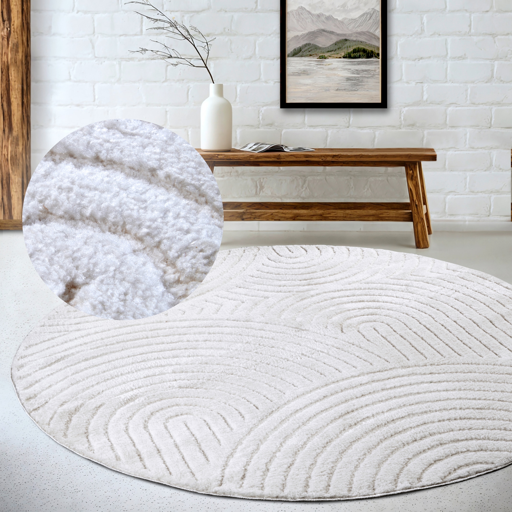 THE RUGS New York Design Rug Runner Panglao Polyester Geometric High Low Rug in White | Size: 160cm diameter