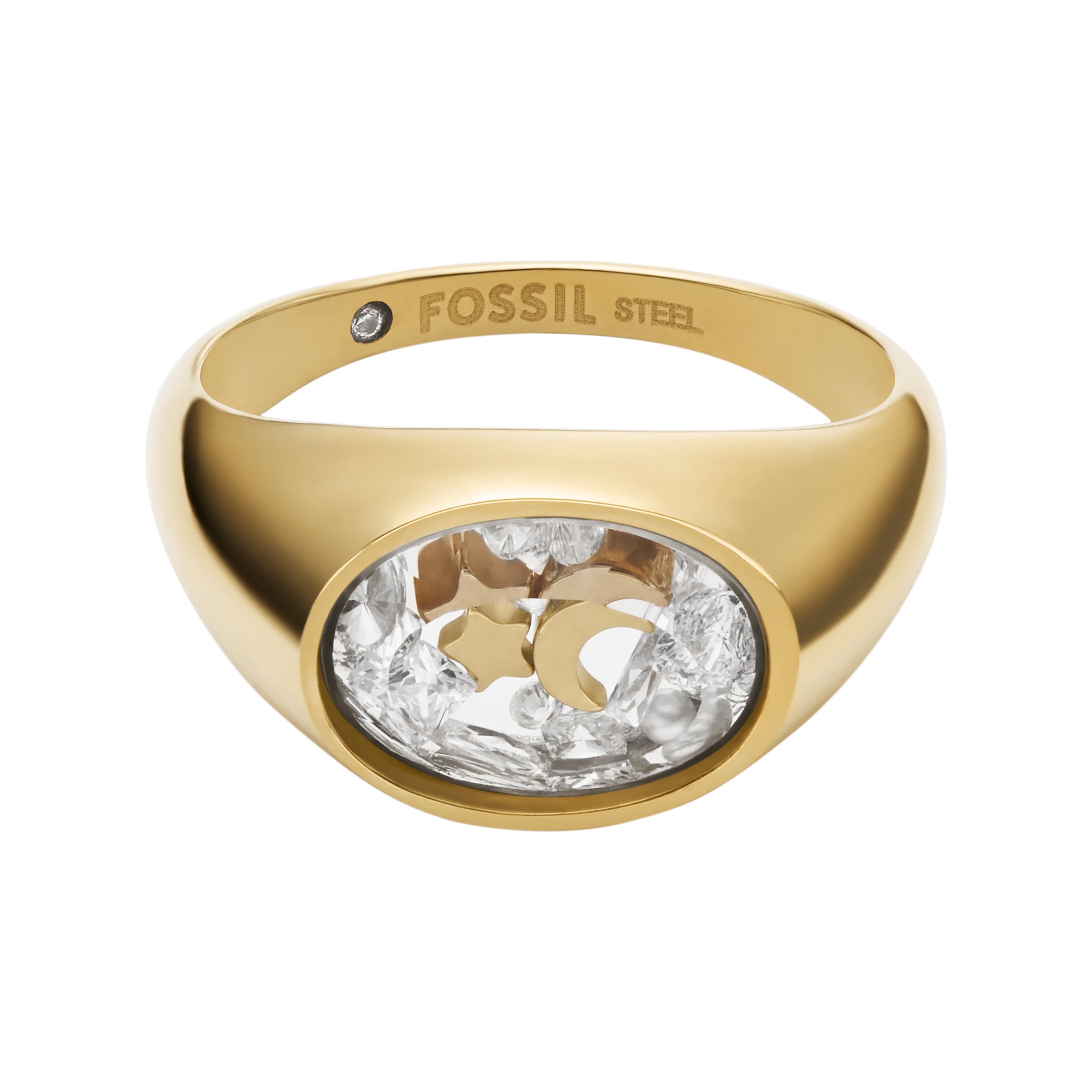 Fossil Fingerring »Schmuck Geschenk Edelstahl SADIE Mond Stern« mit Zirkonia (synth.) - mit Perle (synth.)