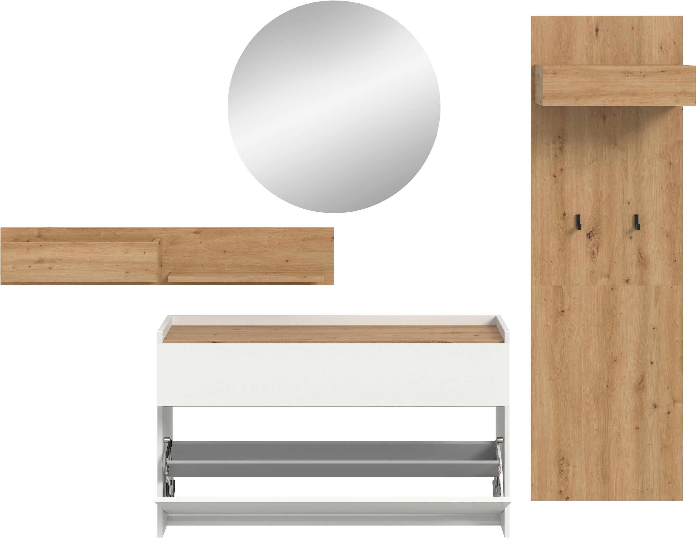 Home affaire Garderoben-Set »EVRID, 4-teilig, Breite 205 cm, individuell hängbar & erweiterbar« best. aus: Wandboard, Kommode, Spiegel, Garderobenpaneel, 4 Stk. tlg.