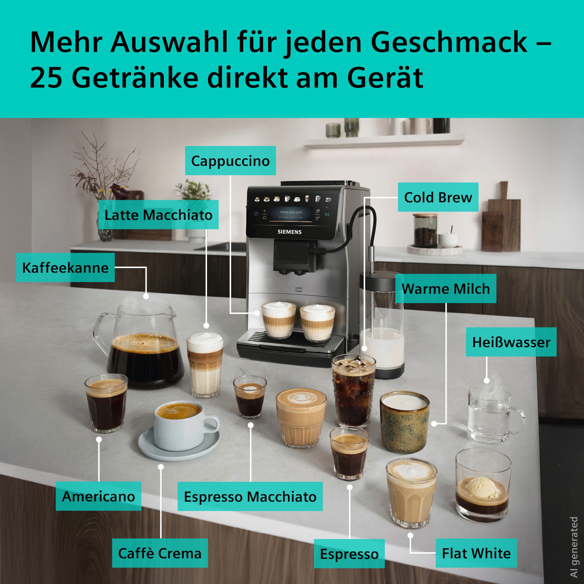 SIEMENS Kaffeevollautomat »EQ600 TP605EM3, 8 Getränke, XL-Getränke, bis zu 480ml, Kannenfunktion« bis zu 10 Favoriten, Doppeltassenfunktion, Keramikmahlwerk, Edelstahl