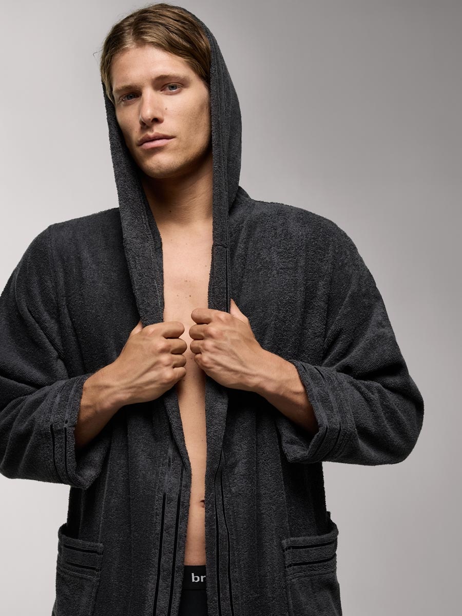Bruno Banani Herrenbademantel »Clement, ideal für Sauna & Spa, Hotelbademantel, Morgenmantel«, (1 St.), 100% Baumwolle, einfarbig, glänzende Streifen-Bordüre, Taschen, S-4XL