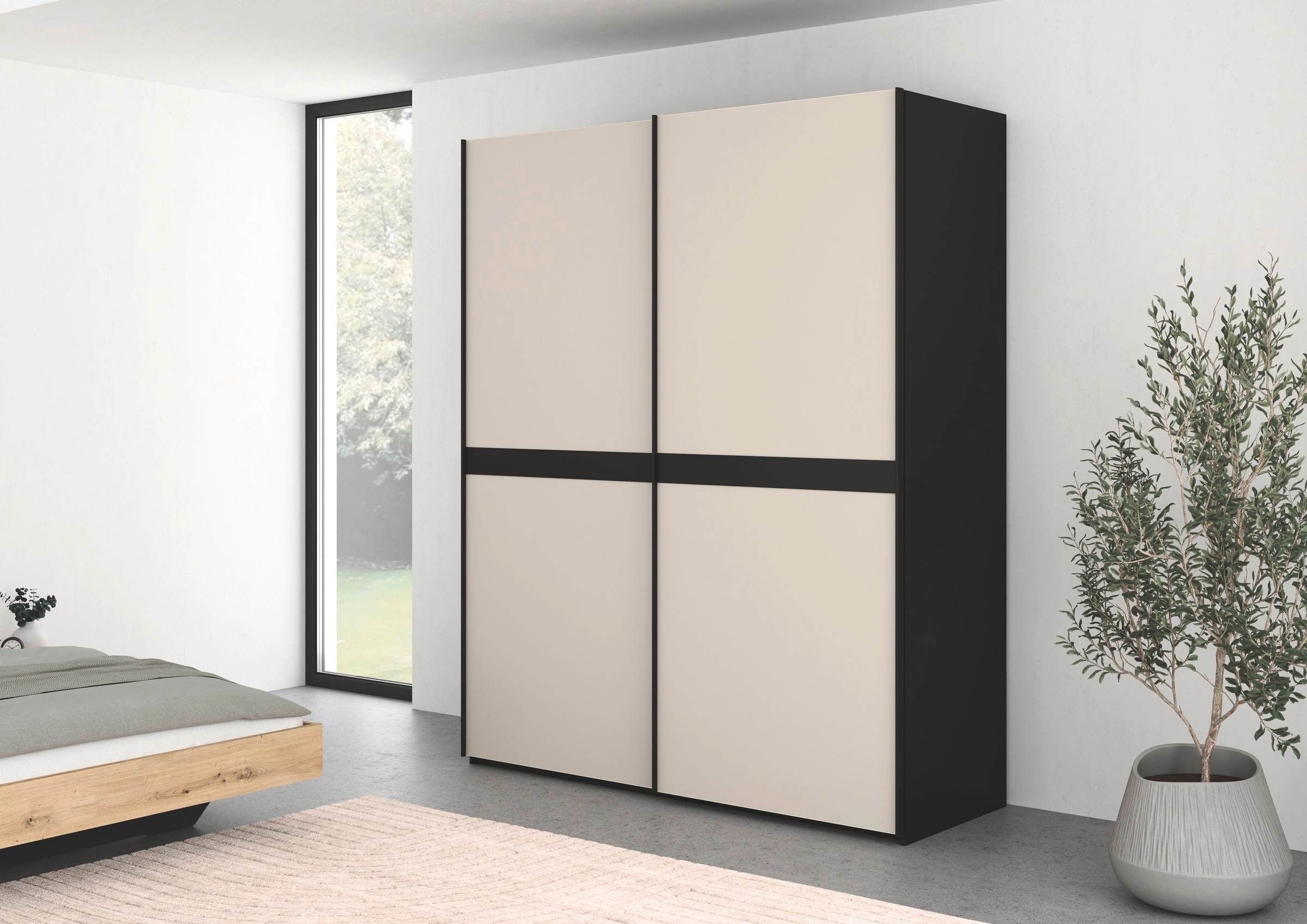 rauch Schwebetürenschrank »Kleiderschrank Schrank Garderobe Schlafzimmerschrank SCALE-LINE«, edle Optik mit Bauchbinde in Korpusfarbe mit Glasfront MADE IN GERMANY