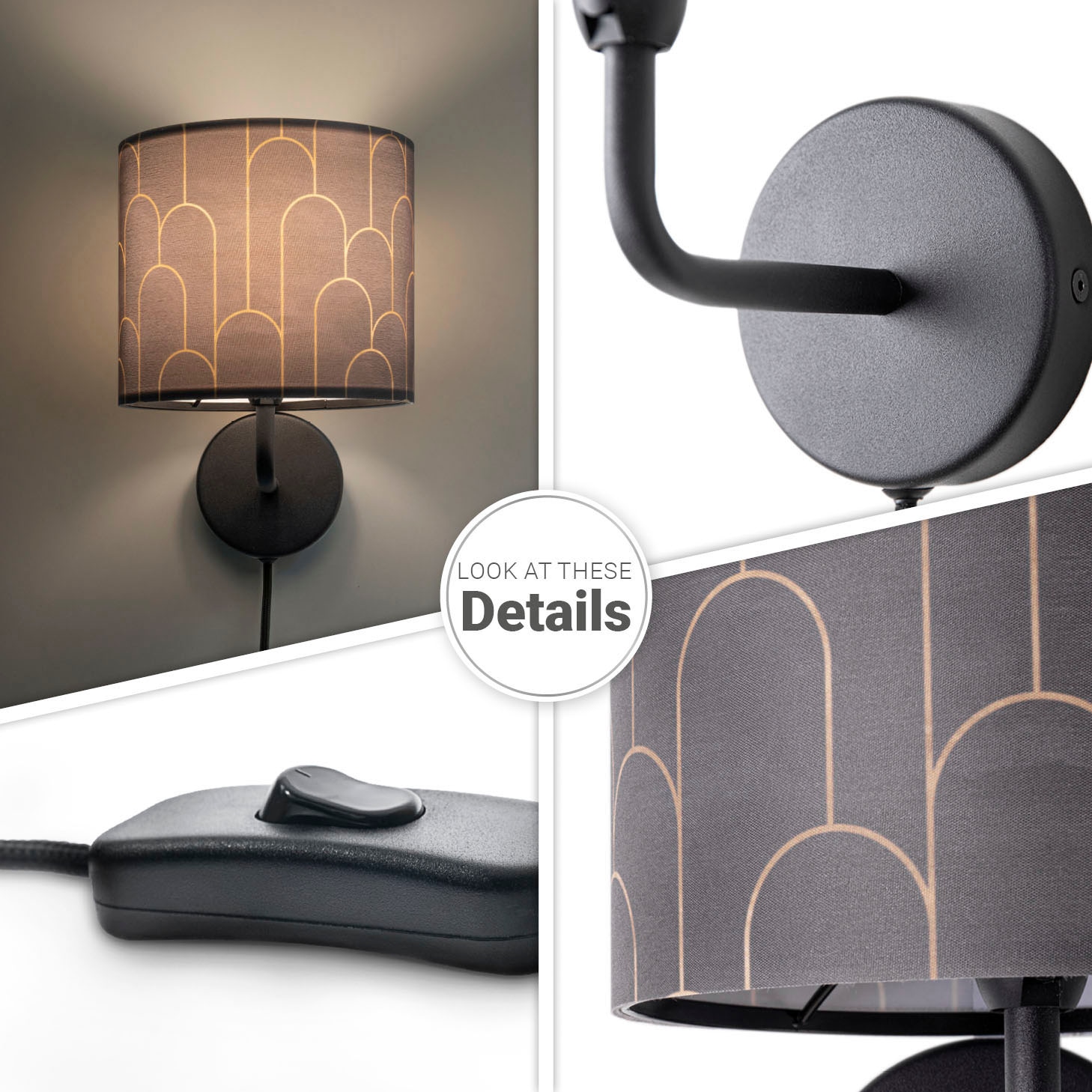 Paco Home Wandleuchte »Luca Pillar«, Leuchtmittel E14 | ohne Leuchtmittel, Mit Stoffschirm  Modern Retro Uni Mit Muster E14