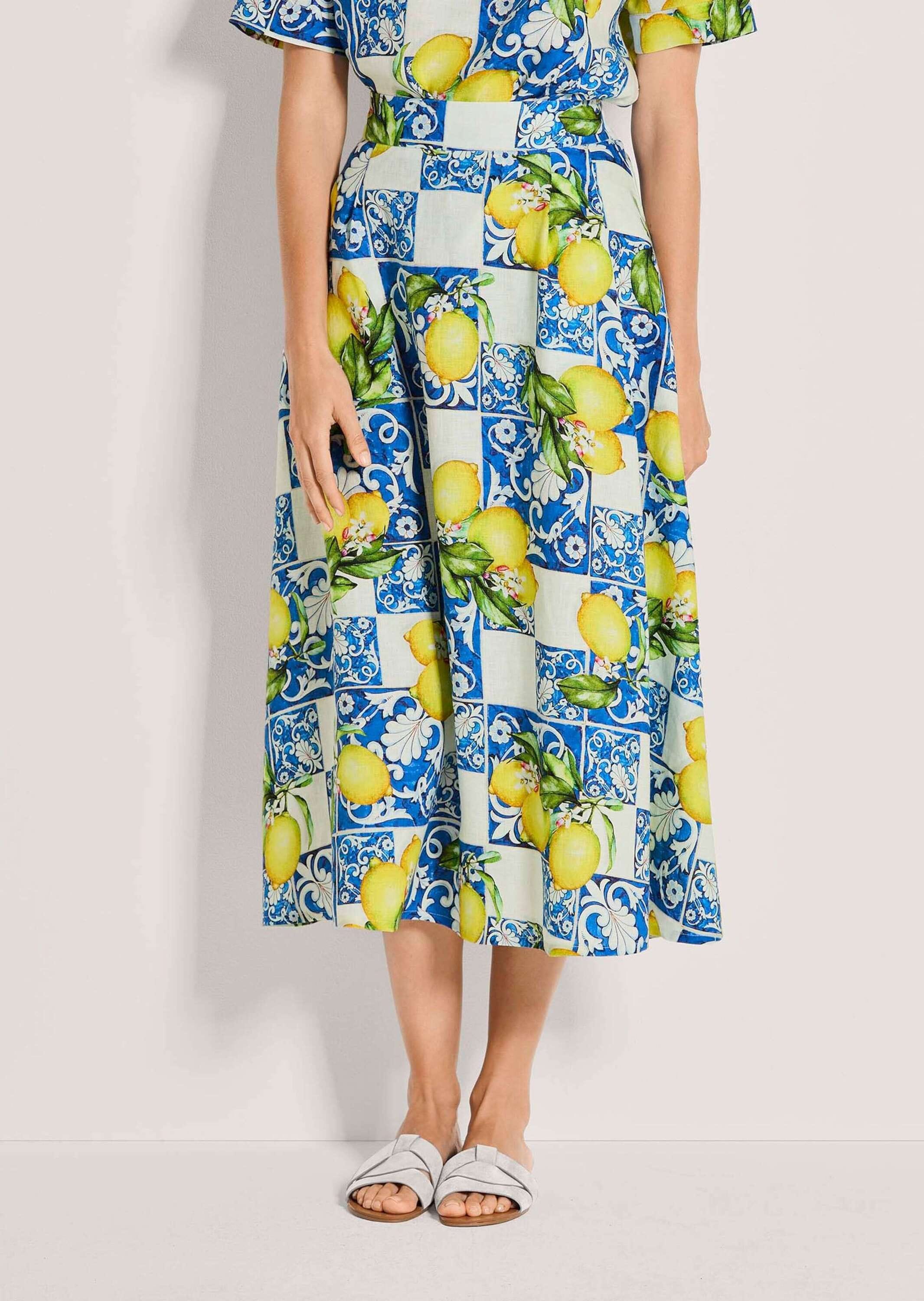 MADELEINE Midirock »Faltenrock Midirock mit Zitronen-Design« weit schwingender Druckrock in Midilänge