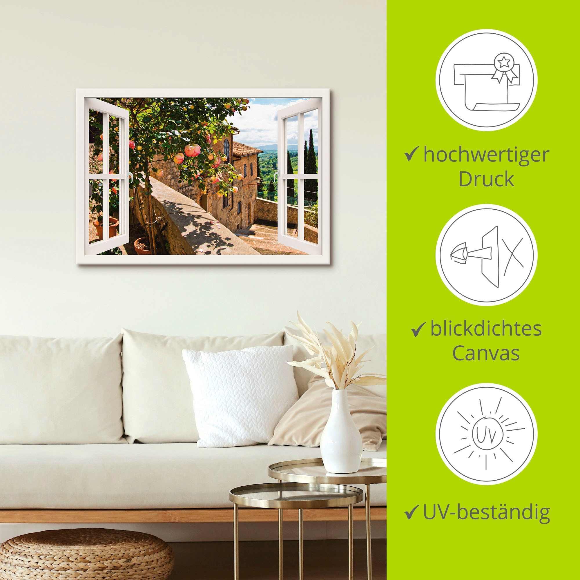 Artland Wandbild »Fensterblick Rosen auf Balkon Toskana«, Garten, (1 St.), als Alubild, Outdoorbild, Leinwandbild, Poster, Wandaufkleber