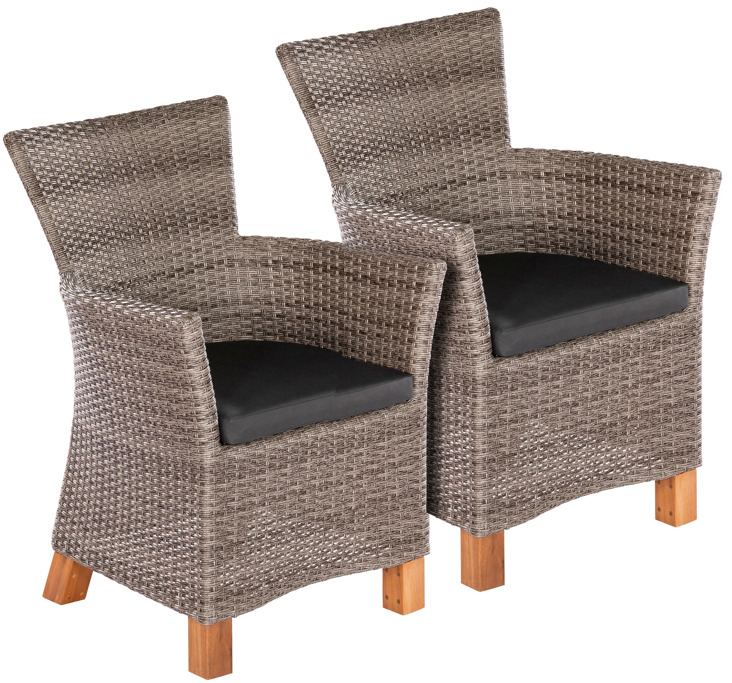 MERXX Gartensessel "Toskana" Set, 2 Stk. tlg. 2er Set, Polyrattan/Akazie, inkl. Auflage, grau-braun