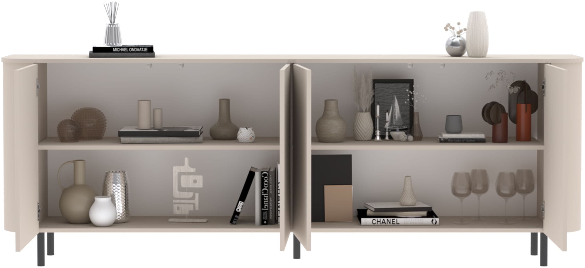 OTTO home Sideboard »Lido, 231 cm breit, 4 Türen, Anrichte, Kommode, Stauraumschrank« Formgebogenes MDF, Stirnseiten mit Rundung, Push-to-open, Metallfüße