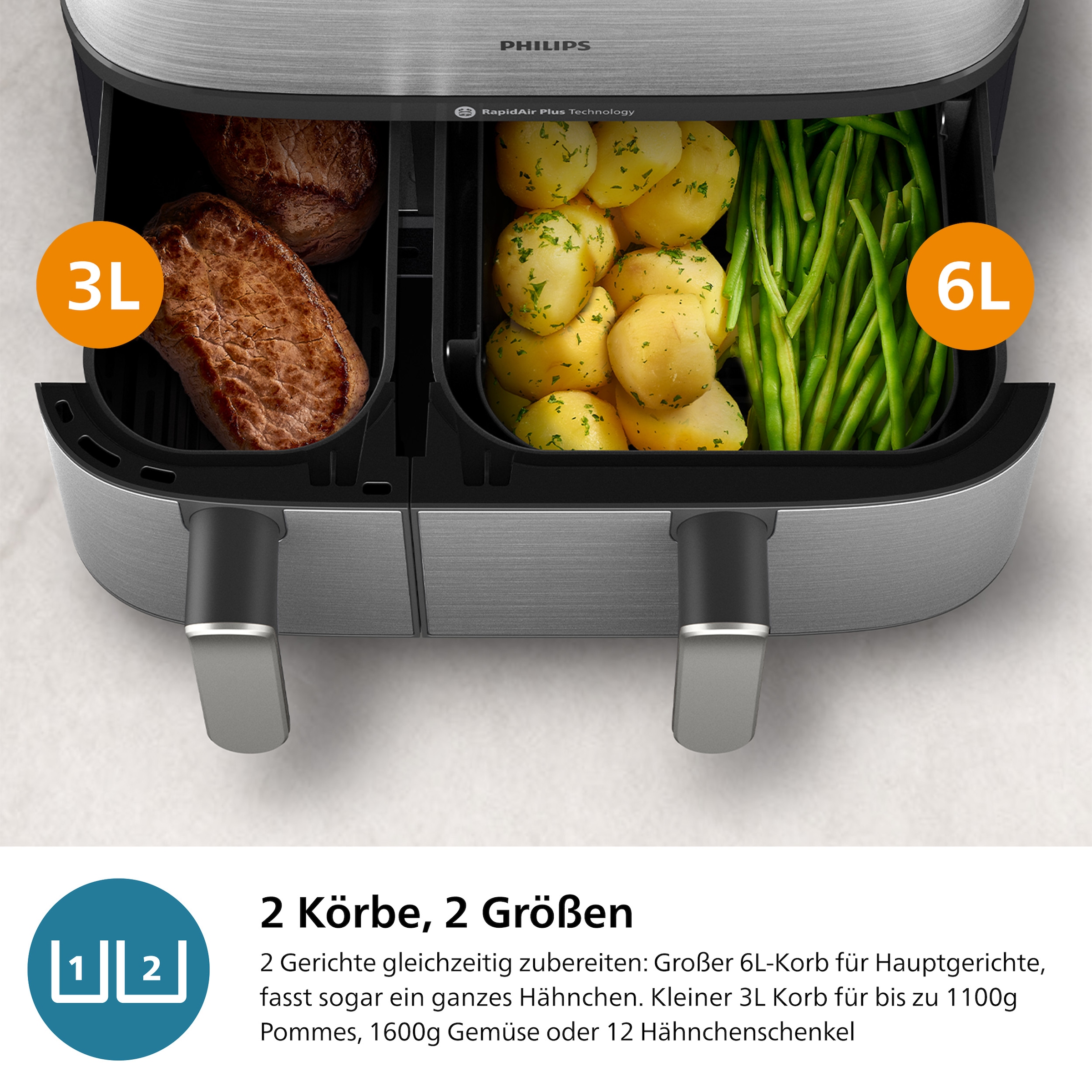 Philips Heißluftfritteuse »NA555/00 Steam Airfryer 5000 Series Dual Basket, 9L Kapazität (3L+6L)«, 2750 W, mit Dampfgar-Funktion; Silber/Edelstahl