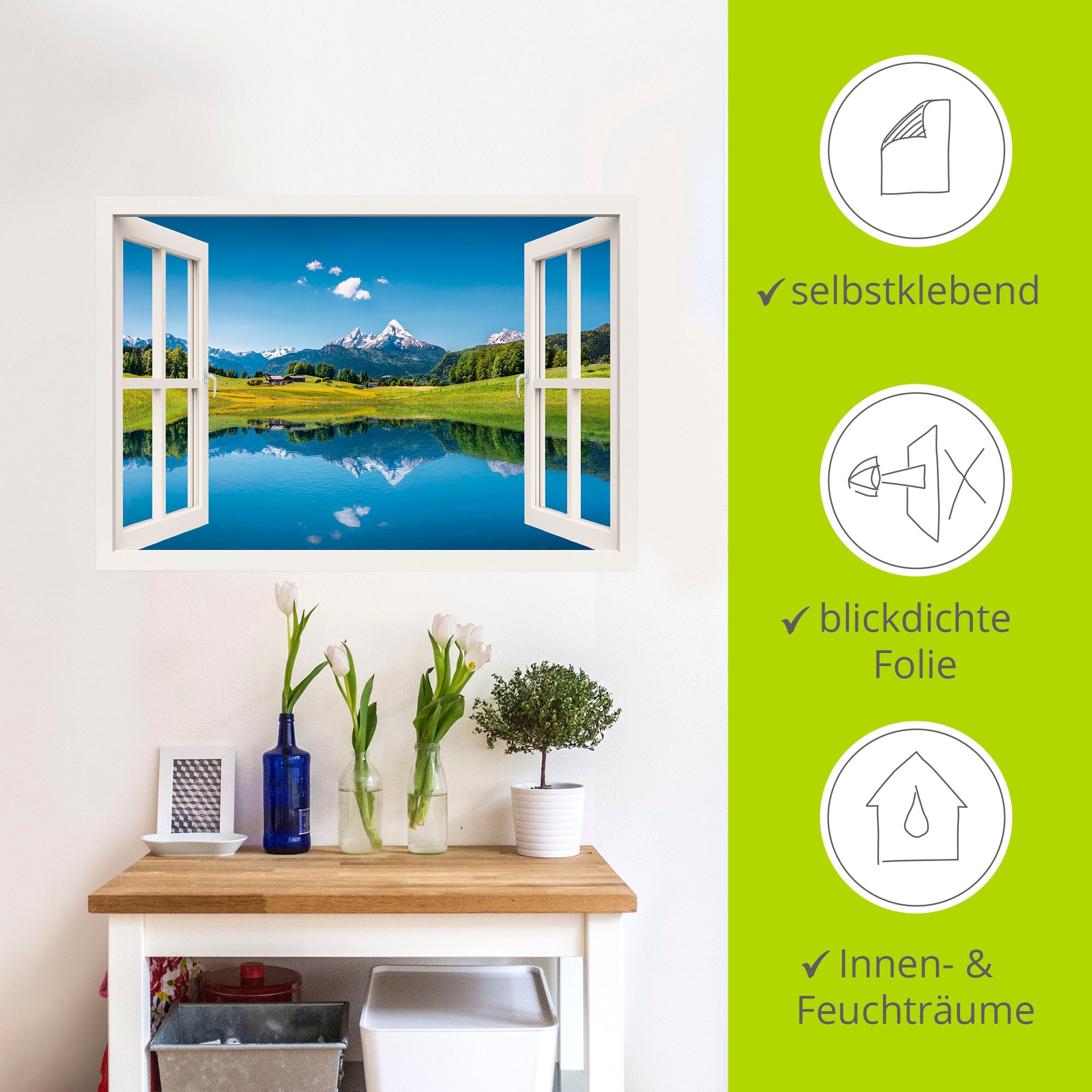 Artland Wandbild »Fensterblick Alpen und Bergsee«, Berge, (1 St.), als Leinwandbild, Poster, Wandaufkleber in verschied. Größen