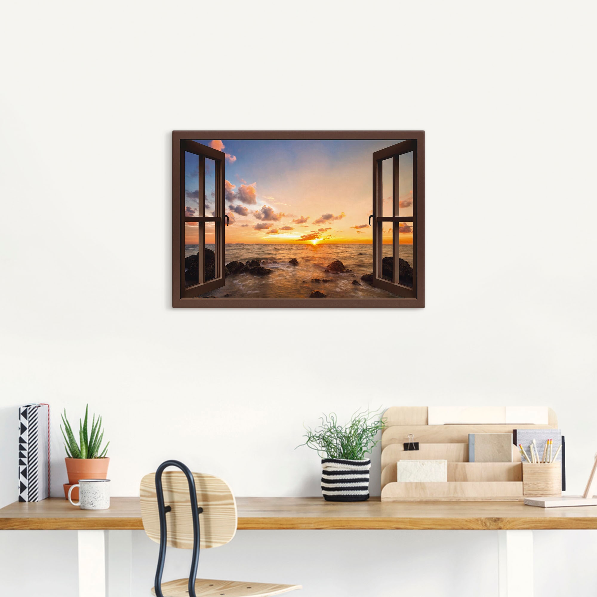 Artland Wandbild »Fensterblick Sonnenuntergang am Meer«, Fensterblick, (1 St.), als Alubild, Outdoorbild, Leinwandbild, Poster, Wandaufkleber