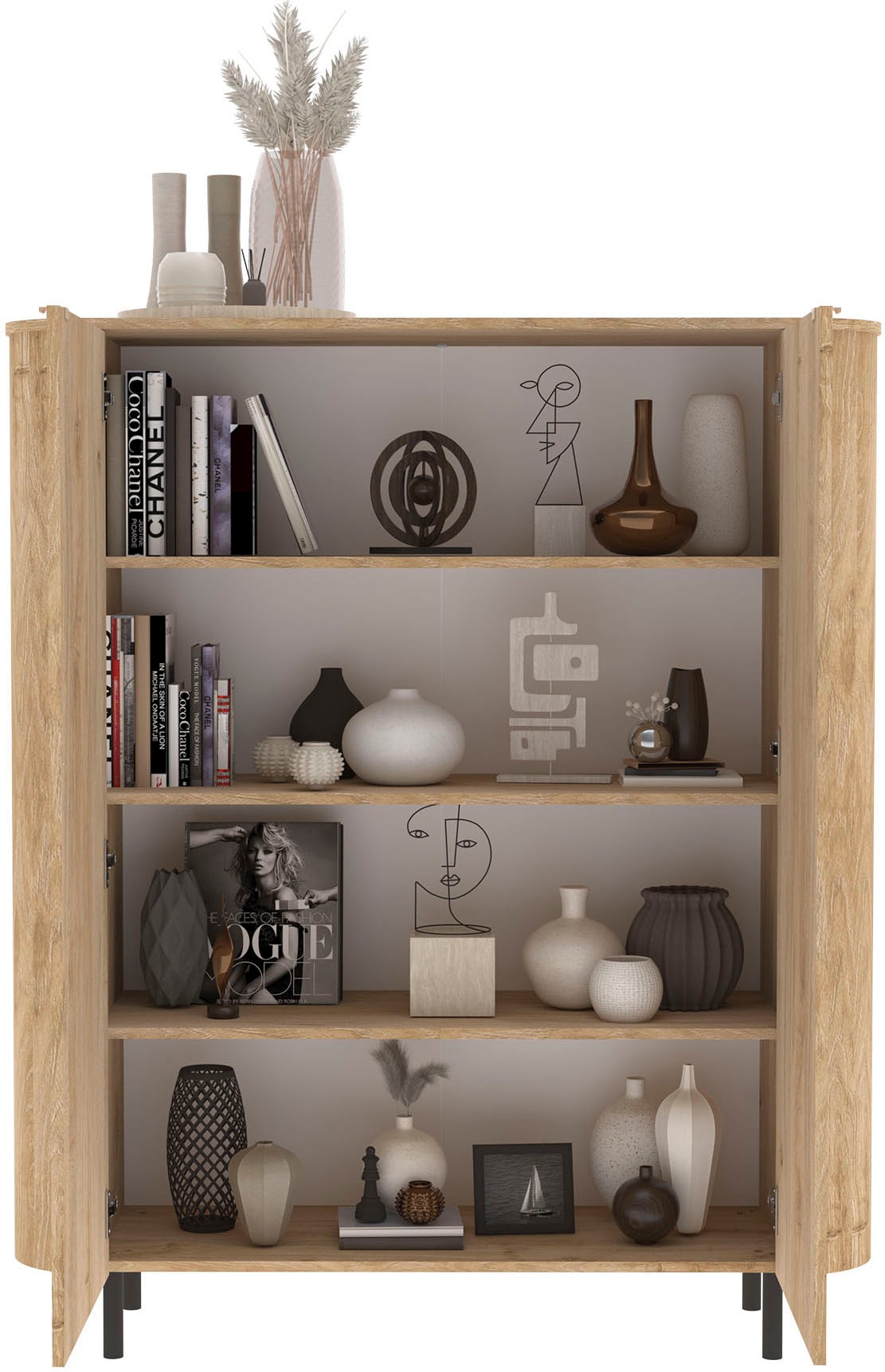 INOSIGN Highboard »Murano, B/H 131/154 cm, 2 Türen, Stauraumschrank, Hochkommode« Formgebogenes MDF, Stirnseiten mit Rundung, Füße und Griffe aus Metall
