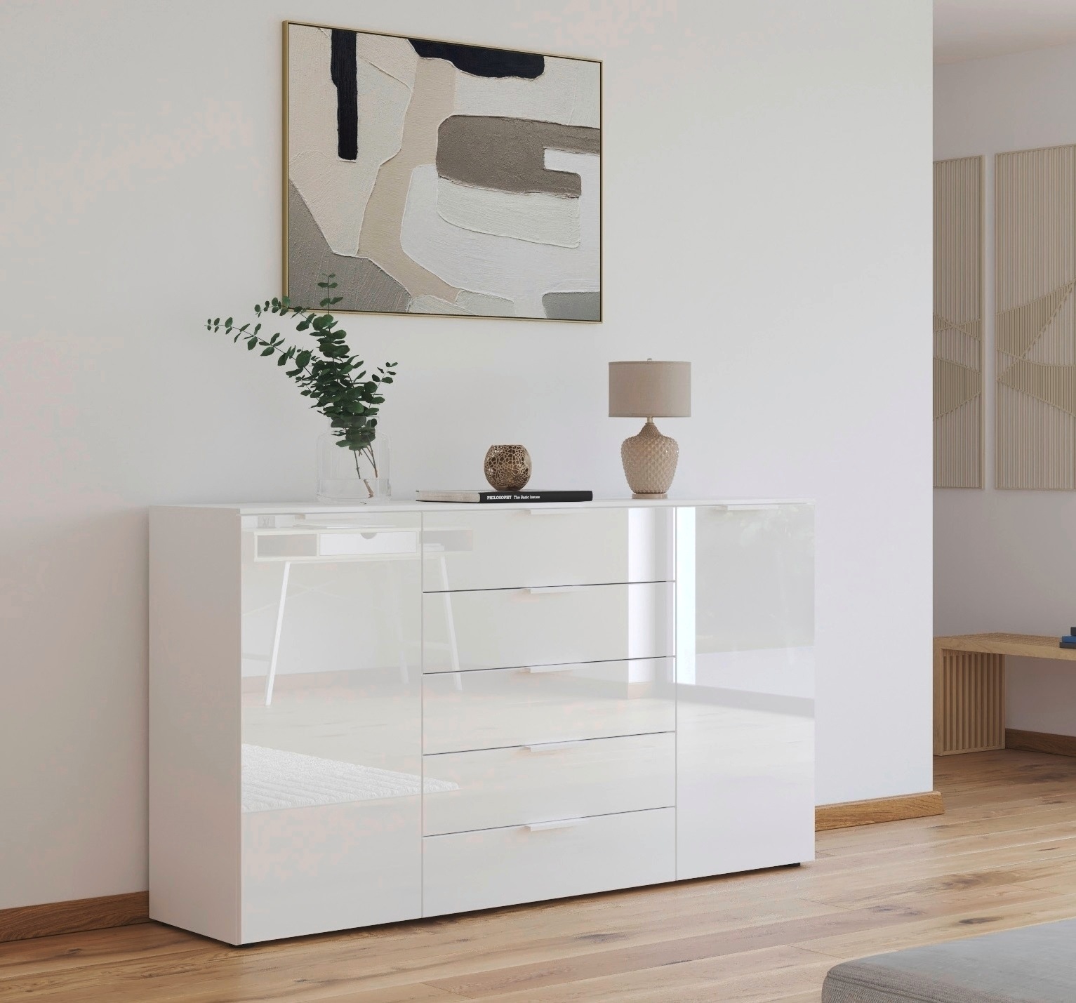 rauch Schubkastenkommode »Kommode Türkommode Sideboard Kombikommode FLIPP mit Glasfront«, (Breite 160/180 cm mit 4 Einlegeböden), 2-trg mit 5 Schubladen und Soft-Close, 2 Breiten MADE IN GERMANY