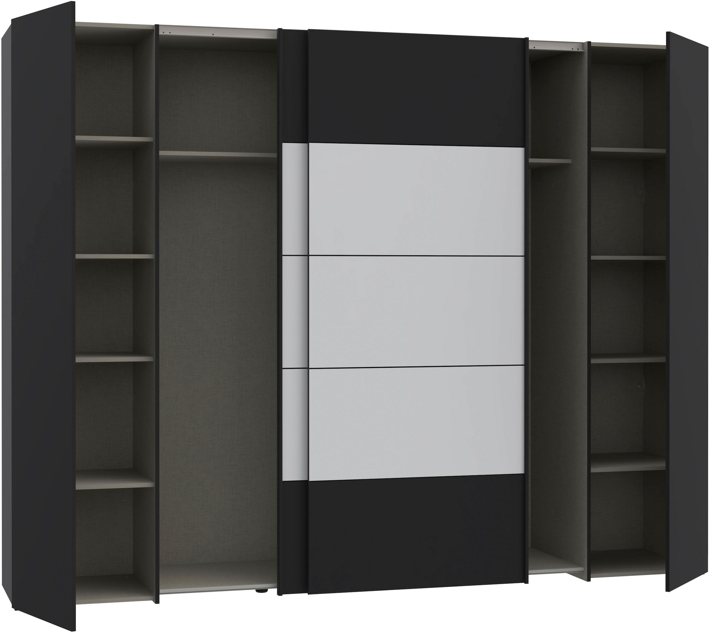 FORTE Dreh-/Schwebetürenschrank »Narago, TOPSELLER, Made in Europe, zeitloses Design«, (B/H/T ca. 270x210X61cm, Farbe Weiß auch mit Spiegeln erhältlich), viele Einlegeböden teilweise variabel einsetzbar, maximaler Stauraum