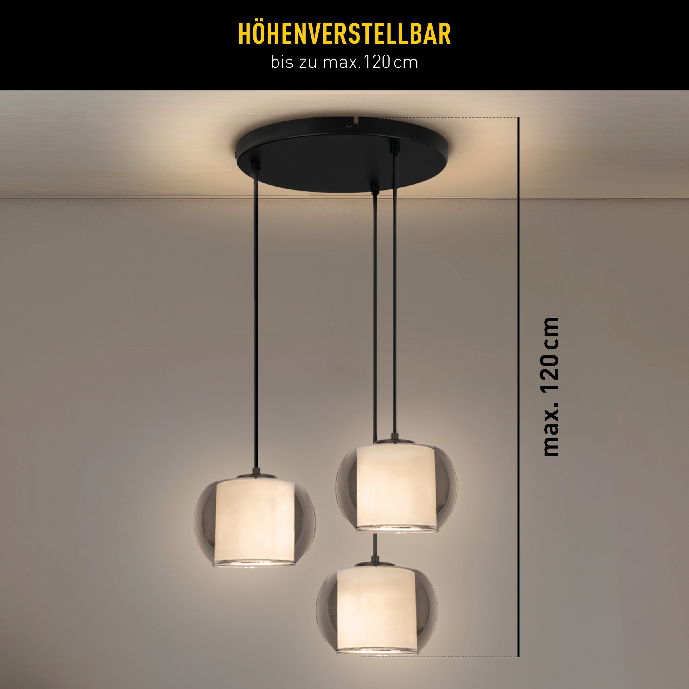 OTTO home Pendelleuchte »Tanissa mit Doppelschirm« E27 1 Stk. Pendellampe, 3er Rondell, Rauchglas, Stoffschirm, E27, Glasschirm