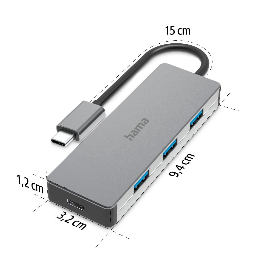 Hama USB-Adapter »USB-C Multiport Hub für Laptop mit 4 Ports, USB-A, USB-C, silberfarben«, USB-C zu USB Typ A-USB-C, 15 cm, Laptop Dockingstation, USB Adapter, robustes Aluminiumgehäuse, kompakt