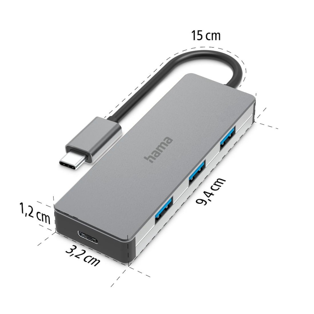 Hama USB-Adapter »USB-C Multiport Hub für Laptop mit 4 Ports, USB-A, USB-C, silberfarben«, USB-C zu USB Typ A-USB-C, 15 cm