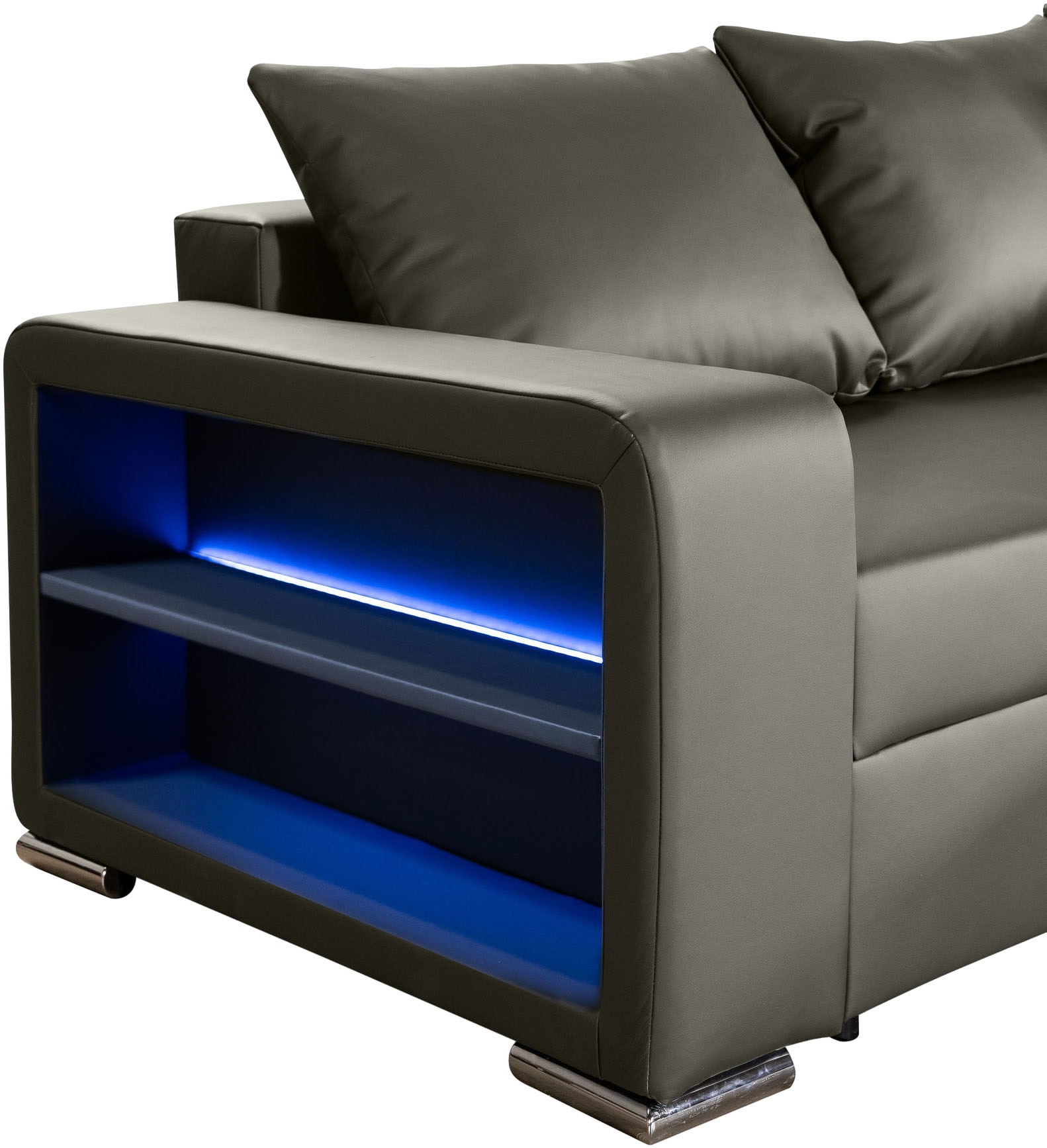 COLLECTION AB Ecksofa »John L-Form, B: 226 cm, Schlaffunktion & Bettkasten« Regalelement mit Licht, Couch mit Federkern, 2 Zierkissen