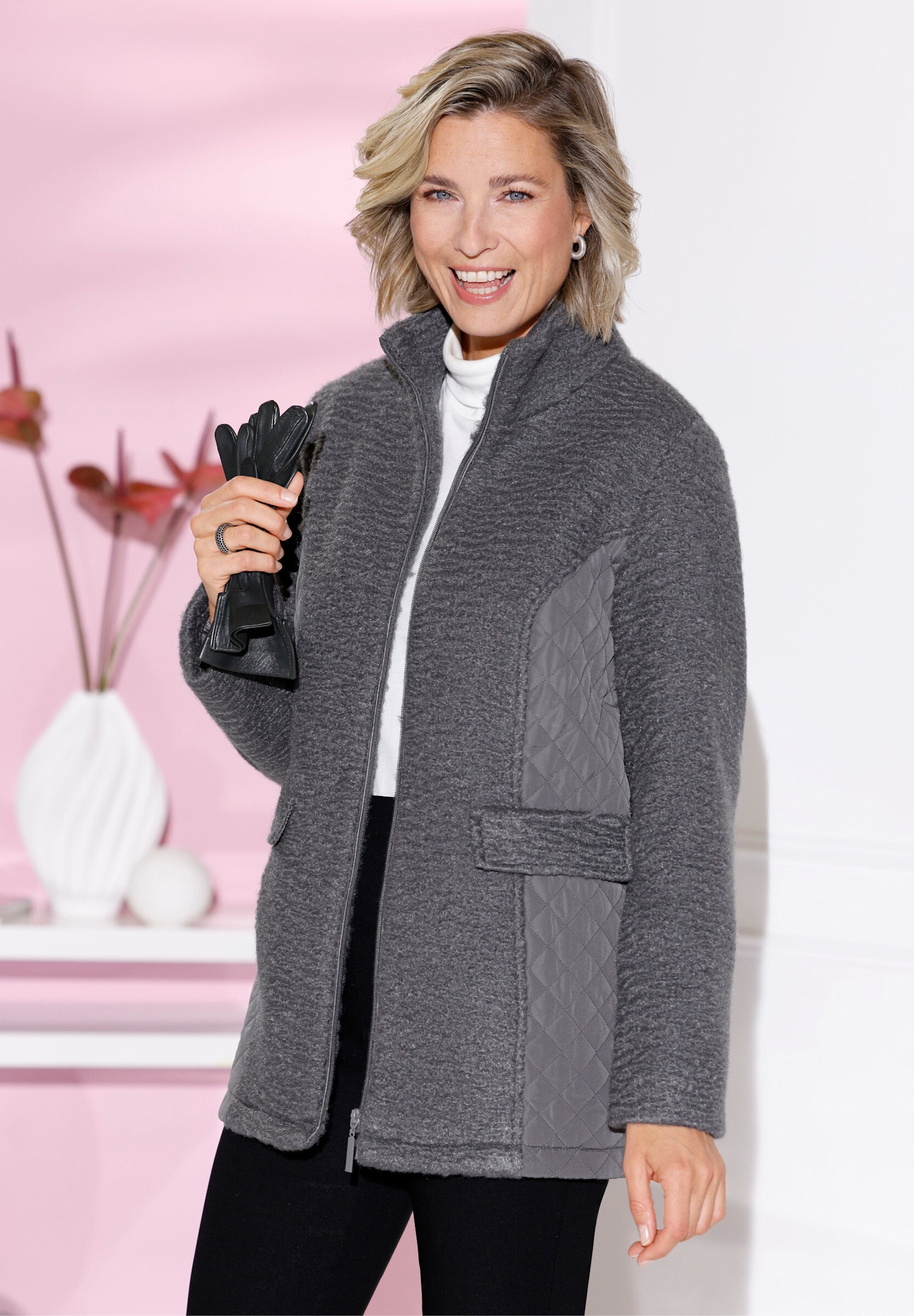 Sieh an! Funktionsjacke »Bouclé-Jacke Boucléjacke mit gesteppten Einsätzen«