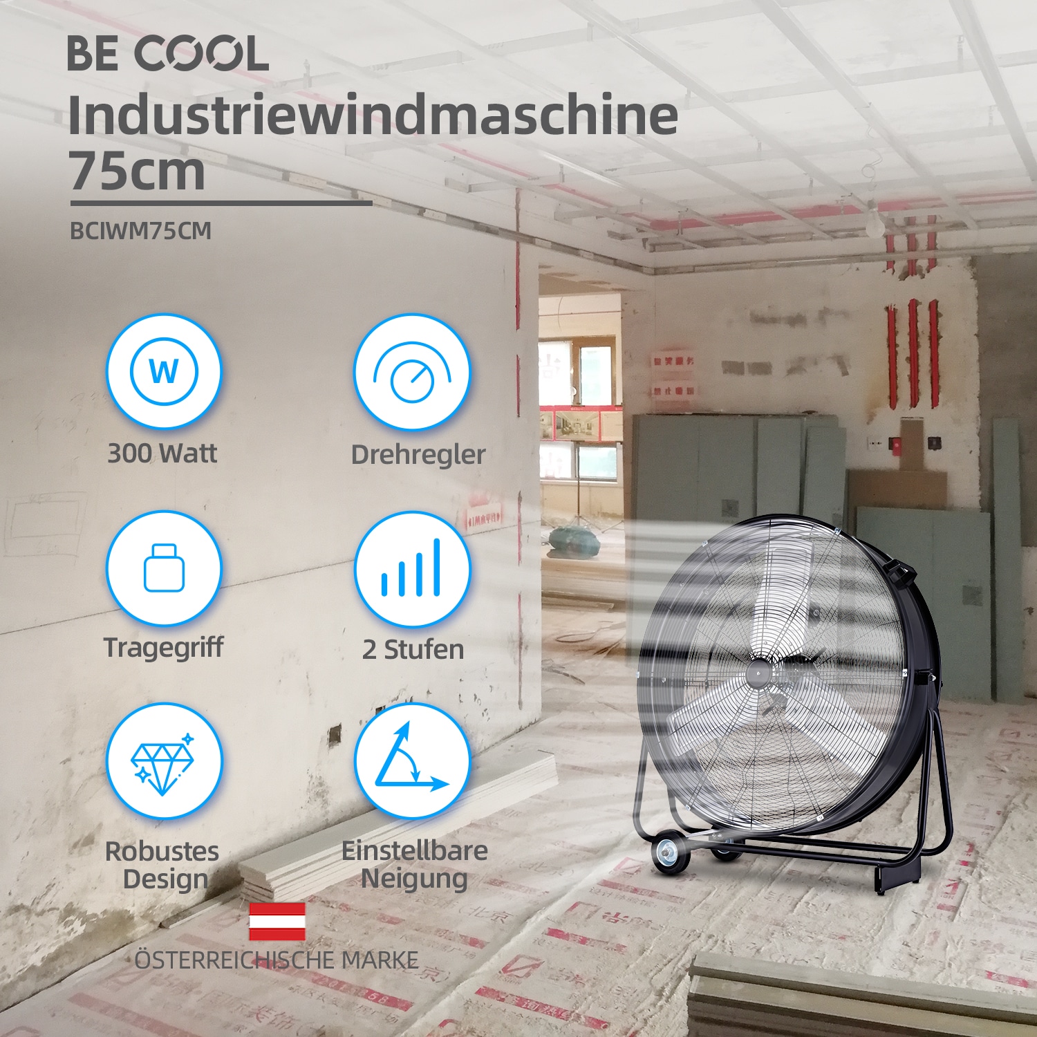 be cool Windmaschine »Industrie-Windmaschine 75cm BCIWM75CM schwarz«, fahrbarer, Vollkupfermotor, Aluminium-Rotor, Spinnennetz-Schutzgitter