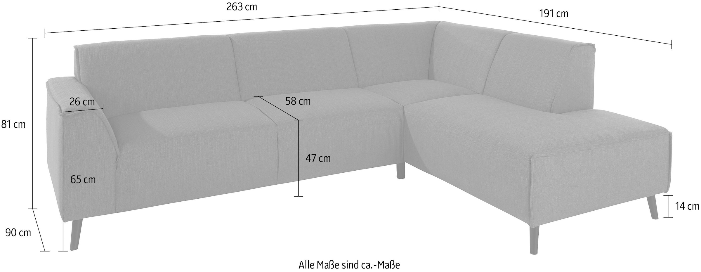 DOMO collection Ecksofa »Amora, inklusive komfortablem Federkern für mehr Sitzkomfort, L-Form«, mit Ottomane, elegant und zeitlos, bequem, Komfortsitzhöhe 47cm
