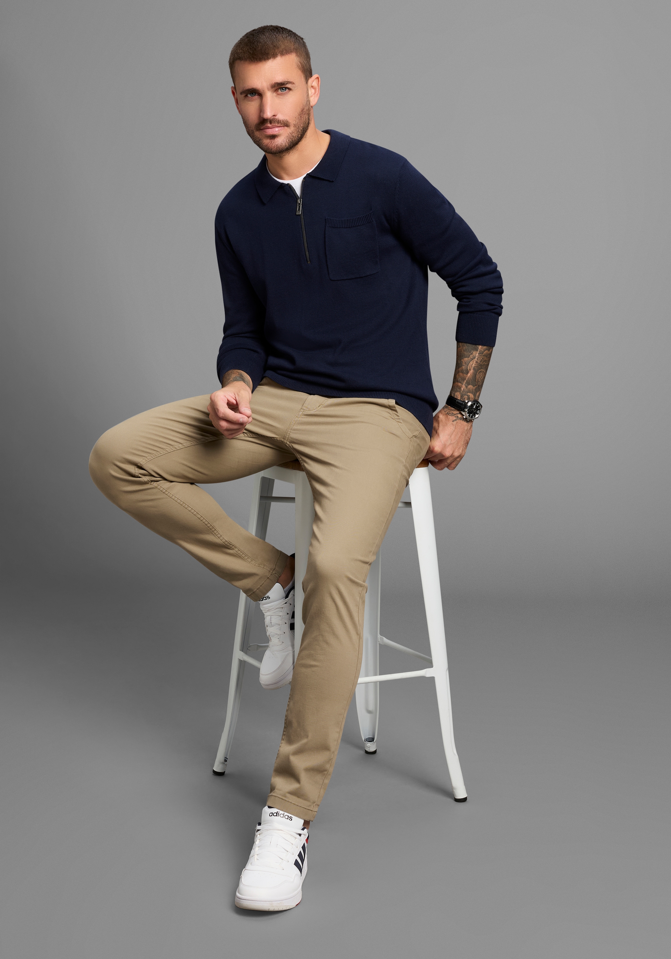 Bruno Banani Strickpullover mit Reißverschluss und Brusttasche