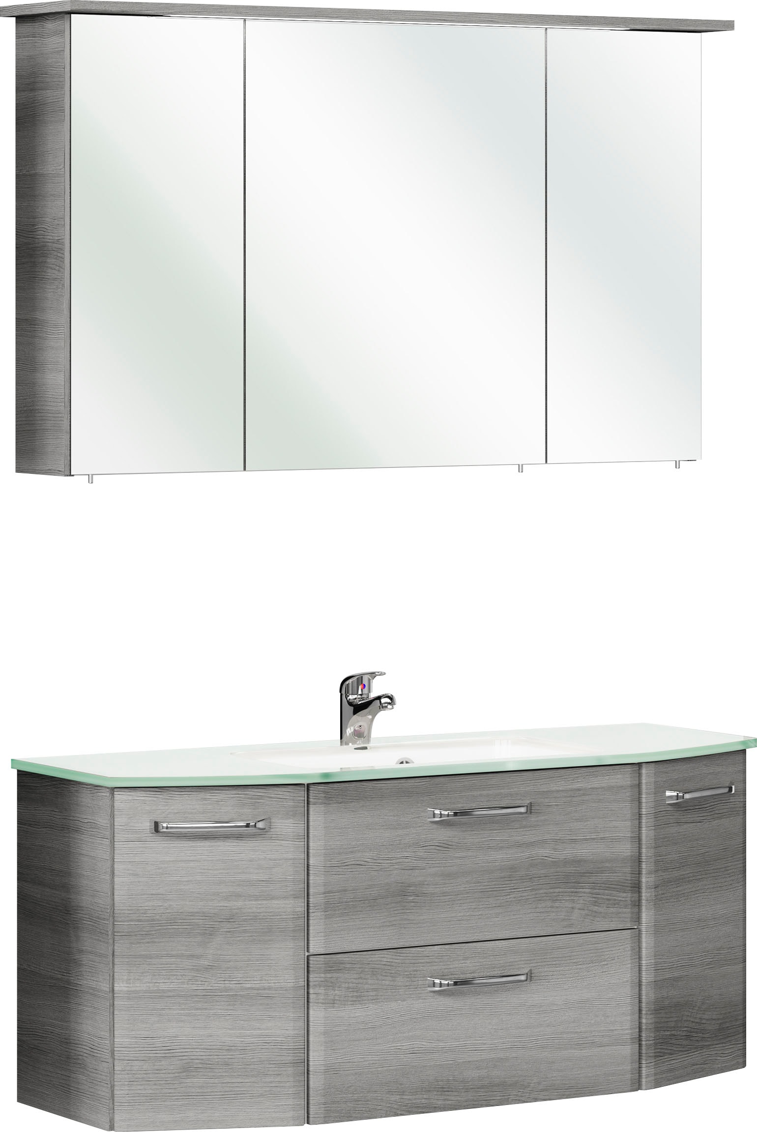 Saphir Badmöbel-Set »Quickset 2-teilig, Glaswaschtisch mit LED-Spiegelschrank, 115 cm breit«, (2 St.), Badezimmer Set inkl. Türdämpfer, 5 Türen, 1 Klappe, 1 Schublade