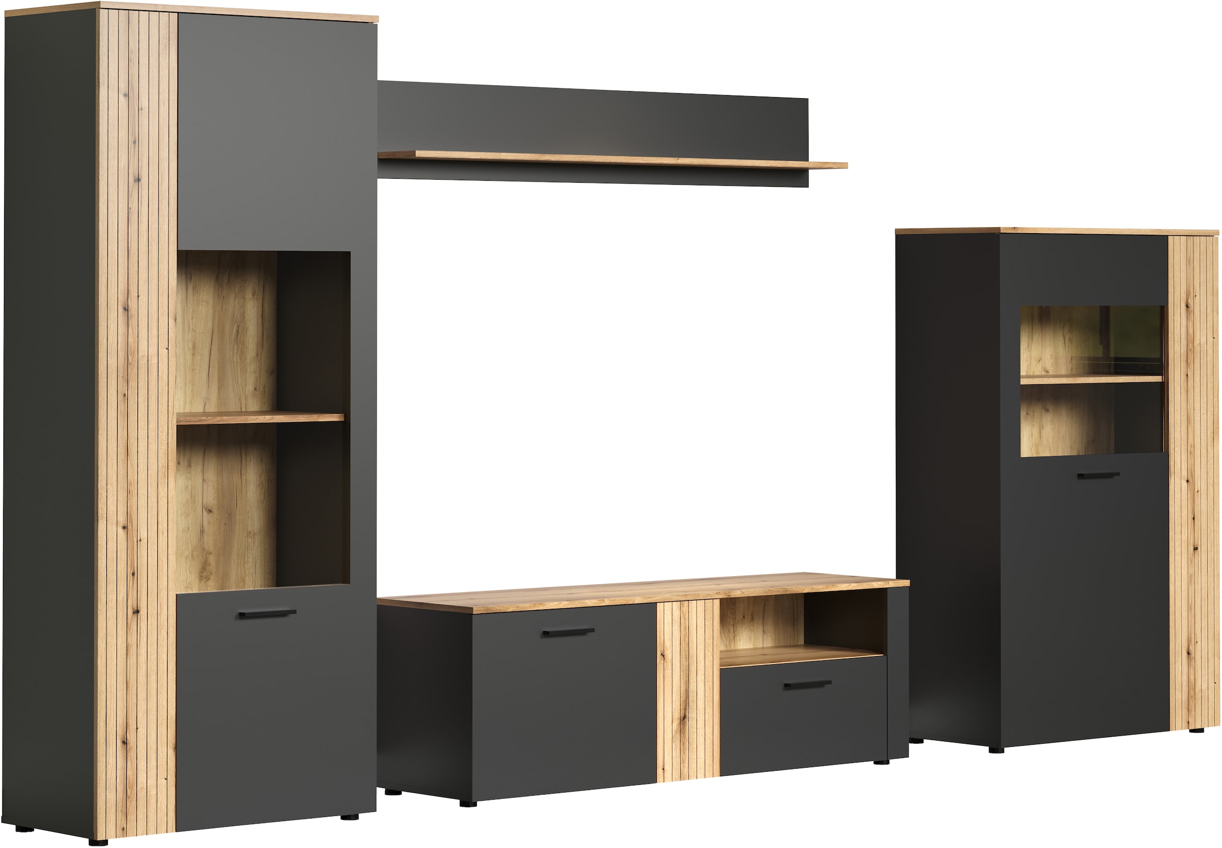 INOSIGN Wohnwand »Estepona«, (Komplett-Set, 4 St.), Wohnzimmermöbel mit Rillenoptik - (B/T/H): 340/42/195 cm