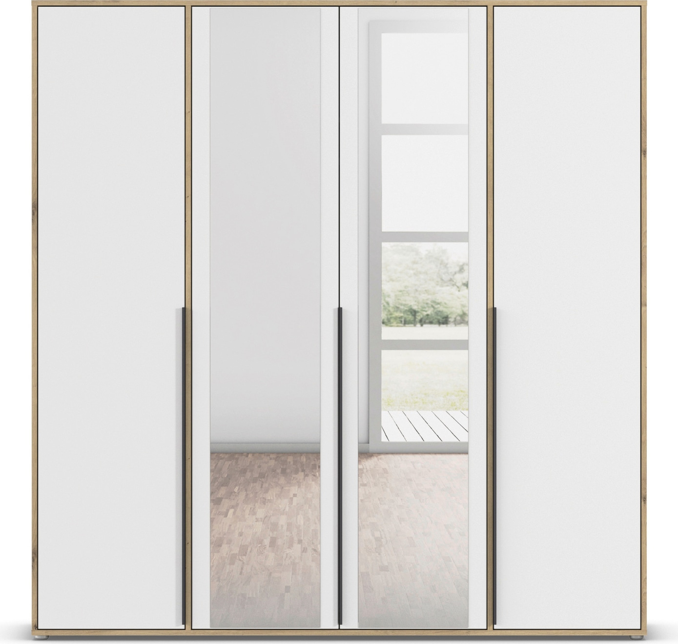 rauch Drehtürenschrank »Kleiderschrank Schrank Garderobe Wäscheschrank NAGATA mit Spiegel«, (in 3 verschiedenen Ausstattungen BASIC/CLASSIC/PREMIUM), und modernen Stangengriffen in Graumetallic TOPSELLER MADE IN GERMANY