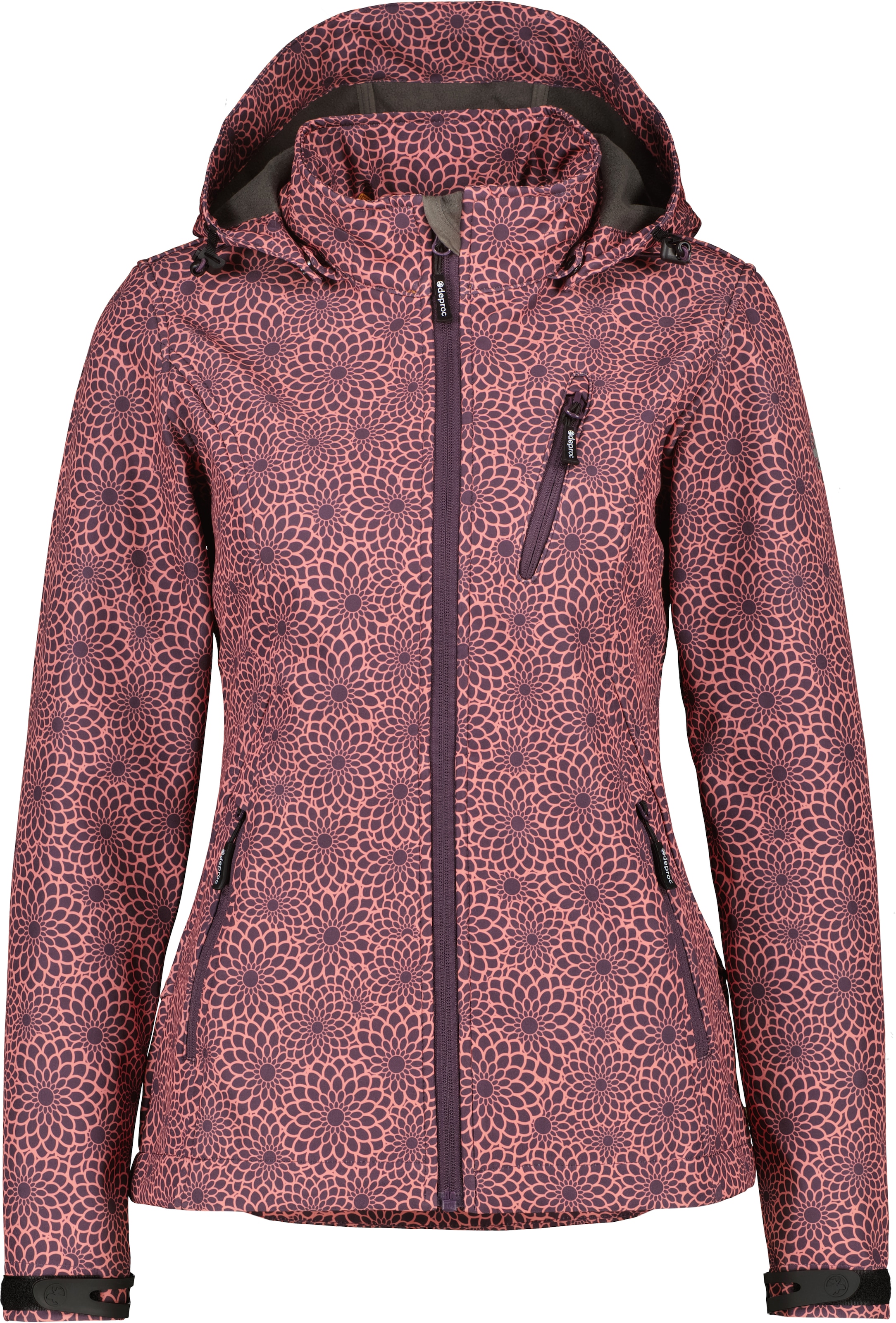 DEPROC Active Softshelljacke »SHELBY PEAK DC«, leichte Softshelljacke mit All-Over-Print und abnehmbarer Kapuze