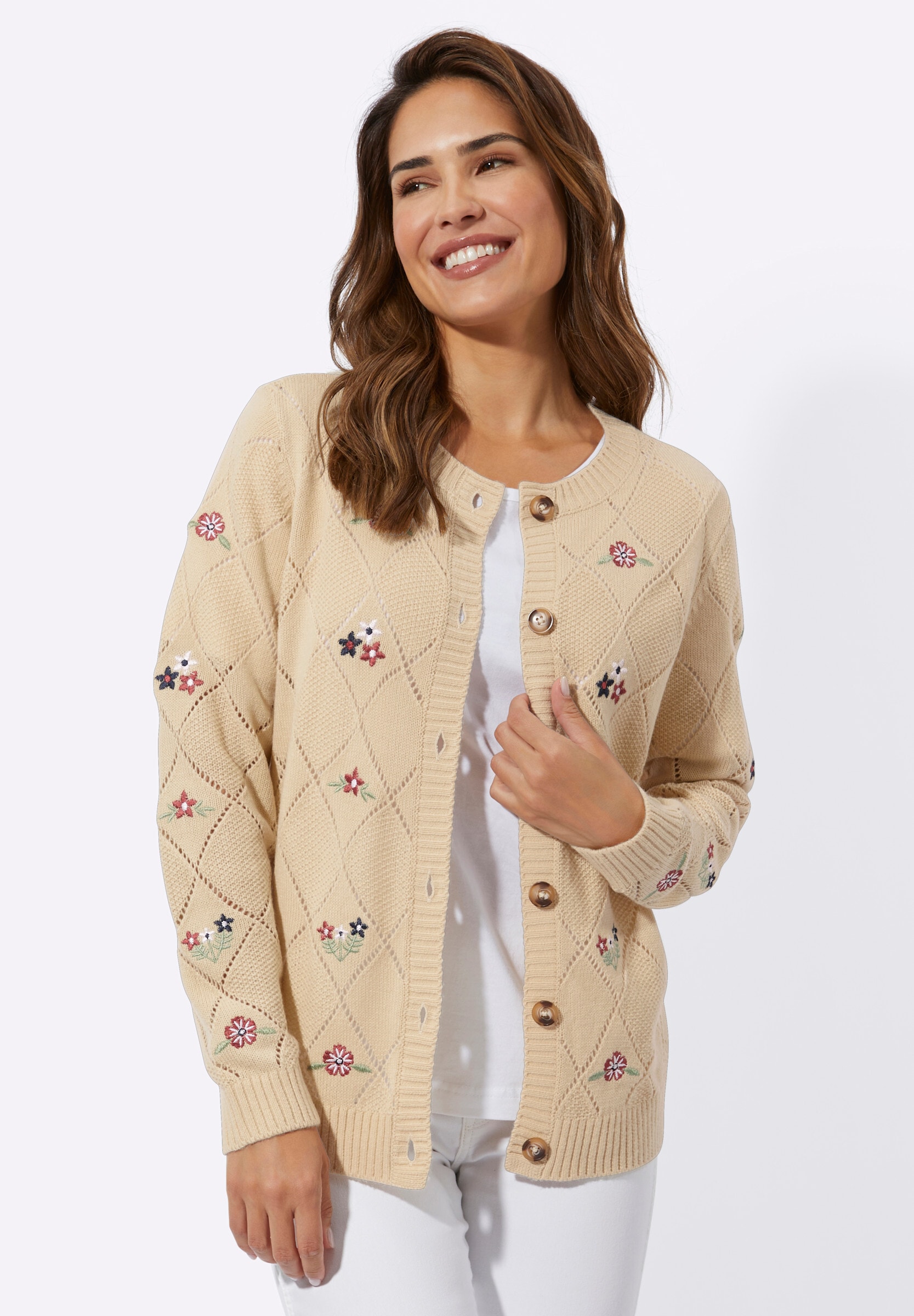 Sieh an! Trachtenstrickjacke »Strickjacke Ajourstrickjacke mit Blütenstickereien«